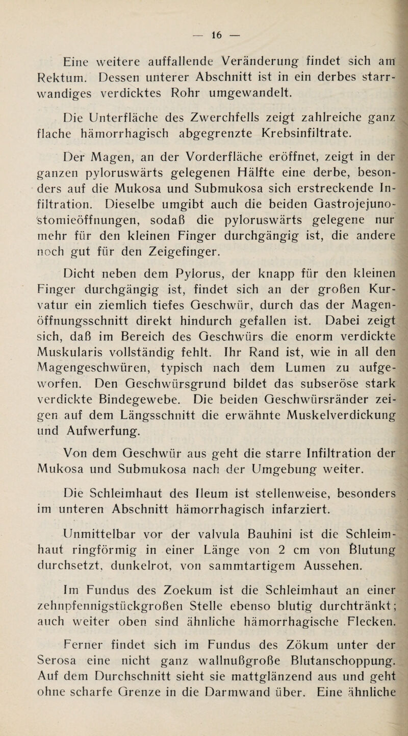 Eine weitere auffallende Veränderung findet sich am Rektum. Dessen unterer Abschnitt ist in ein derbes starr- wandiges verdicktes Rohr umgewandelt. Die Unterfläche des Zwerchfells zeigt zahlreiche ganz flache hämorrhagisch abgegrenzte Krebsinfiltrate. Der Magen, an der Vorderfläche eröffnet, zeigt in der ganzen pyloruswärts gelegenen Hälfte eine derbe, beson¬ ders auf die Mukosa und Submukosa sich erstreckende In¬ filtration. Dieselbe umgibt auch die beiden Gastrojejuno- stomieöffnungen, sodaß die pyloruswärts gelegene nur mehr für den kleinen Finger durchgängig ist, die andere noch gut für den Zeigefinger. Dicht neben dem Pylorus, der knapp für den kleinen Finger durchgängig ist, findet sich an der großen Kur¬ vatur ein ziemlich tiefes Geschwür, durch das der Magen¬ öffnungsschnitt direkt hindurch gefallen ist. Dabei zeigt sich, daß im Bereich des Geschwürs die enorm verdickte Muskularis vollständig fehlt. Ihr Rand ist, wie in all den Magengeschwüren, typisch nach dem Lumen zu aufge¬ worfen. Den Geschwürsgrund bildet das subseröse stark verdickte Bindegewebe. Die beiden Geschwürsränder zei¬ gen auf dem Längsschnitt die erwähnte Muskelverdickung und Aufwerfung. Von dem Geschwür aus geht die starre Infiltration der Mukosa und Submukosa nach der Umgebung weiter. Die Schleimhaut des Ileum ist stellenweise, besonders im unteren Abschnitt hämorrhagisch infarziert. Unmittelbar vor der valvula Bauhini ist die Schleim¬ haut ringförmig in einer Länge von 2 cm von Blutung durchsetzt, dunkelrot, von sammtartigem Aussehen. Im Fundus des Zoekum ist die Schleimhaut an einer zehnpfennigstückgroßen Stelle ebenso blutig durchtränkt; auch weiter oben sind ähnliche hämorrhagische Flecken. Ferner findet sich im Fundus des Zökum unter der Serosa eine nicht ganz wallnußgroße Blutanschoppung. Auf dem Durchschnitt sieht sie mattglänzend aus und geht ohne scharfe Grenze in die Darmwand über. Eine ähnliche