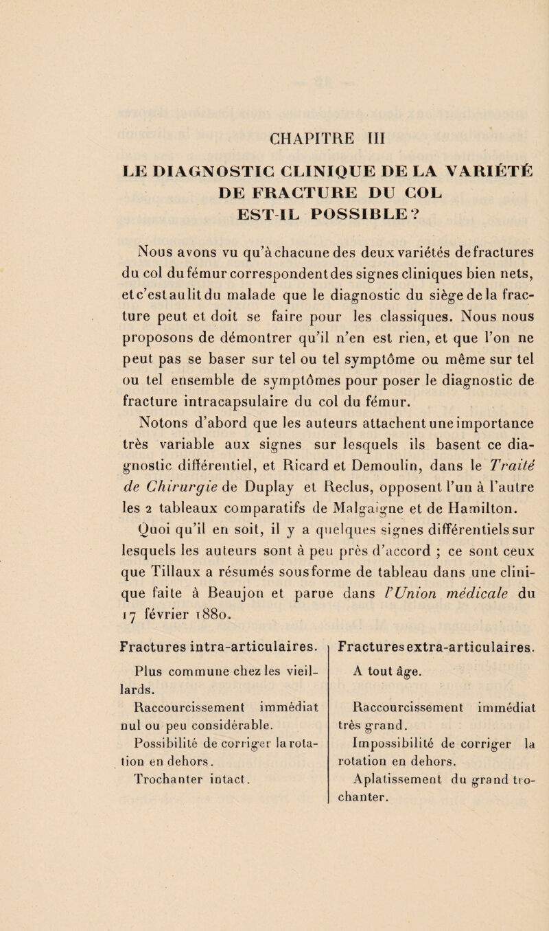 LE DIAGNOSTIC CLINIQUE DE LA VARIÉTÉ DE FRACTURE DU COL EST IL POSSIBLE? Nous avons vu qu’à chacune des deux variétés de fractures du col du fémur correspondentdes signes cliniques bien nets, et c’est aulit du malade que le diagnostic du siège de la frac¬ ture peut et doit se faire pour les classiques. Nous nous proposons de démontrer qu’il n’en est rien, et que l’on ne peut pas se baser sur tel ou tel symptôme ou même sur tel ou tel ensemble de symptômes pour poser le diagnostic de fracture intracapsulaire du col du fémur. Notons d’abord que les auteurs attachent une importance très variable aux signes sur lesquels ils basent ce dia¬ gnostic différentiel, et Ricard et Demoulin, dans le Traité de Chirurgie de Duplay et Reclus, opposent l’un à l’autre les 2 tableaux comparatifs de Malgaigne et de Hamilton. Quoi qu’il en soit, il y a quelques signes différentiels sur lesquels les auteurs sont à peu près d’accord ; ce sont ceux que filiaux a résumés sousforme de tableau dans une clini¬ que faite à Beaujon et parue dans VUnion médicale du 17 février 1880. Fractures intra-articulaires. Plus commune chez les vieil¬ lards. Raccourcissement immédiat nul ou peu considérable. Possibilité de corriger la rota¬ tion en dehors. Trochanter intact. Fractures extra-articulaires. A tout âge. Raccourcissement immédiat très grand. Impossibilité de corriger la rotation en dehors. Aplatissement du grand tro¬ chanter.