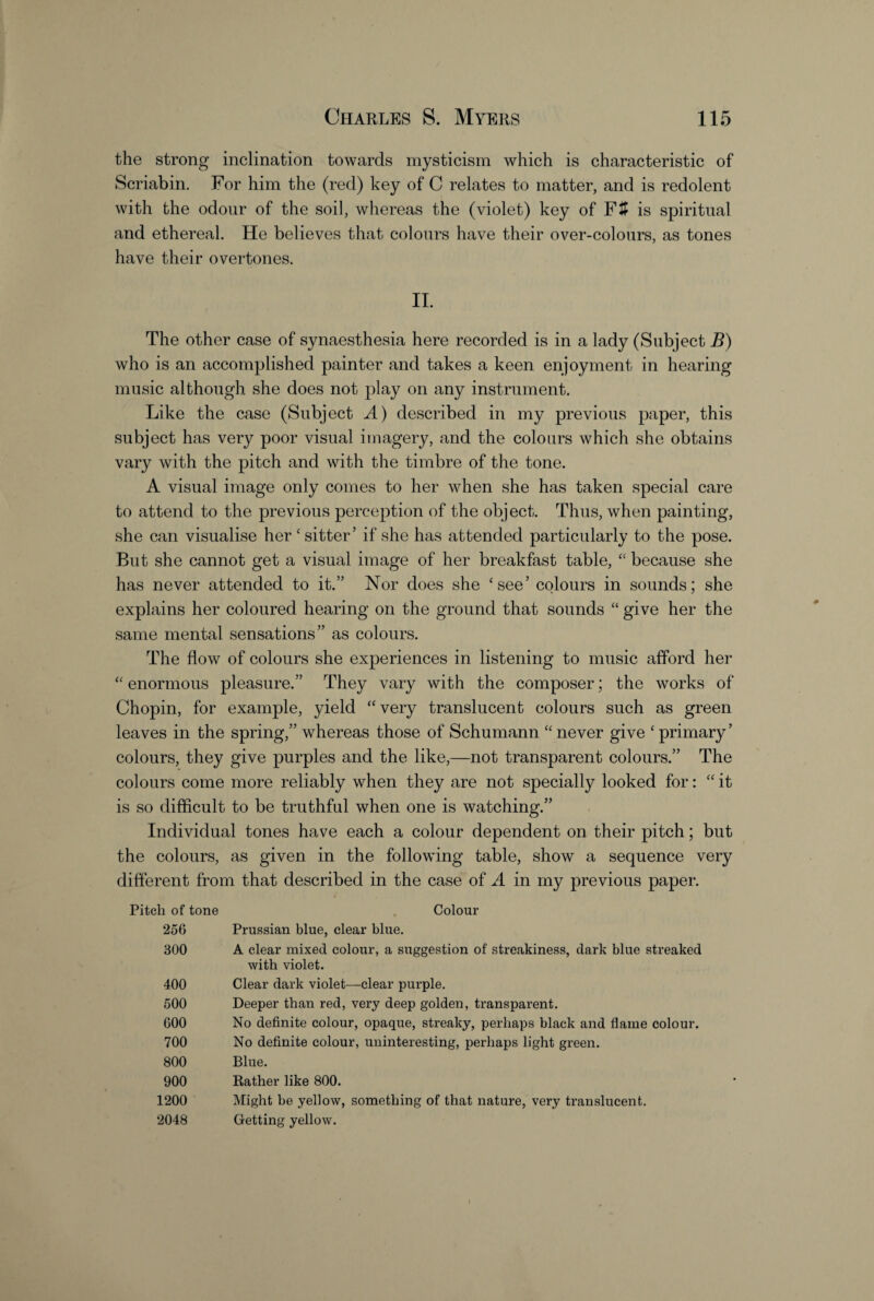 the strong inclination towards mysticism which is characteristic of Scriabin. For him the (red) key of C relates to matter, and is redolent with the odour of the soil, whereas the (violet) key of Fit is spiritual and ethereal. He believes that colours have their over-colours, as tones have their overtones. II. The other case of synaesthesia here recorded is in a lady (Subject B) who is an accomplished painter and takes a keen enjoyment in hearing music although she does not play on any instrument. Like the case (Subject A) described in my previous paper, this subject has very poor visual imagery, and the colours which she obtains vary with the pitch and with the timbre of the tone. A visual image only comes to her when she has taken special care to attend to the previous perception of the object. Thus, when painting, she can visualise her ‘ sitter’ if she has attended particularly to the pose. But she cannot get a visual image of her breakfast table, “ because she has never attended to it.” Nor does she ‘see’ colours in sounds; she explains her coloured hearing on the ground that sounds “ give her the same mental sensations” as colours. The flow of colours she experiences in listening to music afford her “ enormous pleasure.” They vary with the composer; the works of Chopin, for example, yield “very translucent colours such as green leaves in the spring,” whereas those of Schumann “ never give ‘ primary ’ colours, they give purples and the like,—not transparent colours.” The colours come more reliably when they are not specially looked for: “ it is so difficult to be truthful when one is watching.” Individual tones have each a colour dependent on their pitch; but the colours, as given in the following table, show a sequence very different from that described in the case of A in my previous paper. Pitch of tone Colour 256 Prussian blue, clear blue. 300 A clear mixed colour, a suggestion of streakiness, dark blue streaked with violet. 400 Clear dark violet—clear purple. 500 Deeper than red, very deep golden, transparent. GOO No definite colour, opaque, streaky, perhaps black and flame colour. 700 No definite colour, uninteresting, perhaps light green. 800 Blue. 900 Rather like 800. 1200 Might be yellow, something of that nature, very translucent. 2048 Getting yellow.