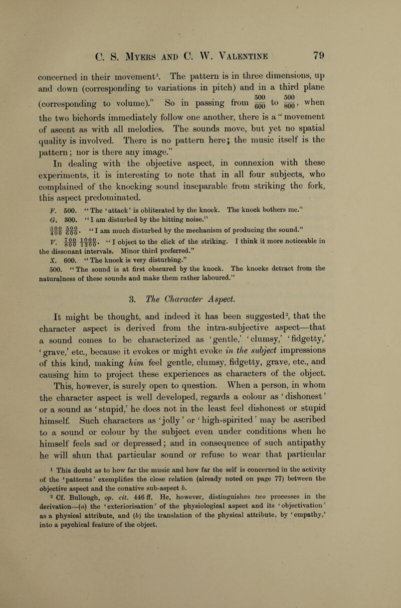 concerned in their movenienth The pattern is in three dinjensions, up and down (corresponding to variations in pitch) and in a third plane . X» r. • • f 500 ^ 500 , (corresponding to volume). So in passing trom ^ to , when the two bichords immediately follow one another, there is a “ movement of ascent as with all melodies. The sounds move, but yet no spatial quality is involved. There is no pattern here; the music itself is the pattern; nor is there any image.” In dealing with the objective aspect, in connexion with these experiments, it is interesting to note that in all four subjects, who complained of the knocking sound inseparable from striking the fork, this aspect predominated. F. 500. “The ‘attack’ is obliterated by the knock. The knock bothers me.” G. 300. “ I am disturbed by the hitting noise.” fw tw* “lam much disturbed by the mechanism of producing the sound.” l8o “ I object to the click of the striking. I think it more noticeable in the dissonant intervals. Minor third preferred.” X. 600. “ The knock is very disturbing.” 500. “ The sound is at first obscured by the knock. The knocks detract from the naturalness of these sounds and make them rather laboured.” 3. The Character Aspect It might be thought, and indeed it has been suggested ^ that the character aspect is derived from the intra-subjective aspect—that a sound comes to be characterized as ‘gentle,’ ‘clumsy,’ ‘fidgetty,’ ‘ grave,’ etc., because it evokes or might evoke in the subject impressions of this kind, making him feel gentle, clumsy, fidgetty, grave, etc., and causing him to project these experiences as characters of the object. This, however, is surely open to question. When a person, in whom the character aspect is well developed, regards a colour as ‘ dishonest ’ or a sound as ‘ stupid,’ he does not in the least feel dishonest or stupid himself. Such characters as ‘jolly’ or ‘high-spirited’ may be ascribed to a sound or colour by the subject even under conditions when he himself feels sad or depressed; and in consequence of such antipathy he will shun that particular sound or refuse to wear that particular 1 This doubt as to how far the music and how far the self is concerned in the activity of the ‘patterns’ exemplifies the close relation (already noted on page 77) between the objective aspect and the conative sub-aspect h. 2 Of. Bullough, op. cit. 446 if. He, however, distinguishes two processes in the derivation—(a) the ‘ exteriorisation ’ of the physiological aspect and its ‘ objeetivatioii ’ as a physical attribute, and (6) the translation of the physical attribute, by ‘empathy,’ into a psychical feature of the object.
