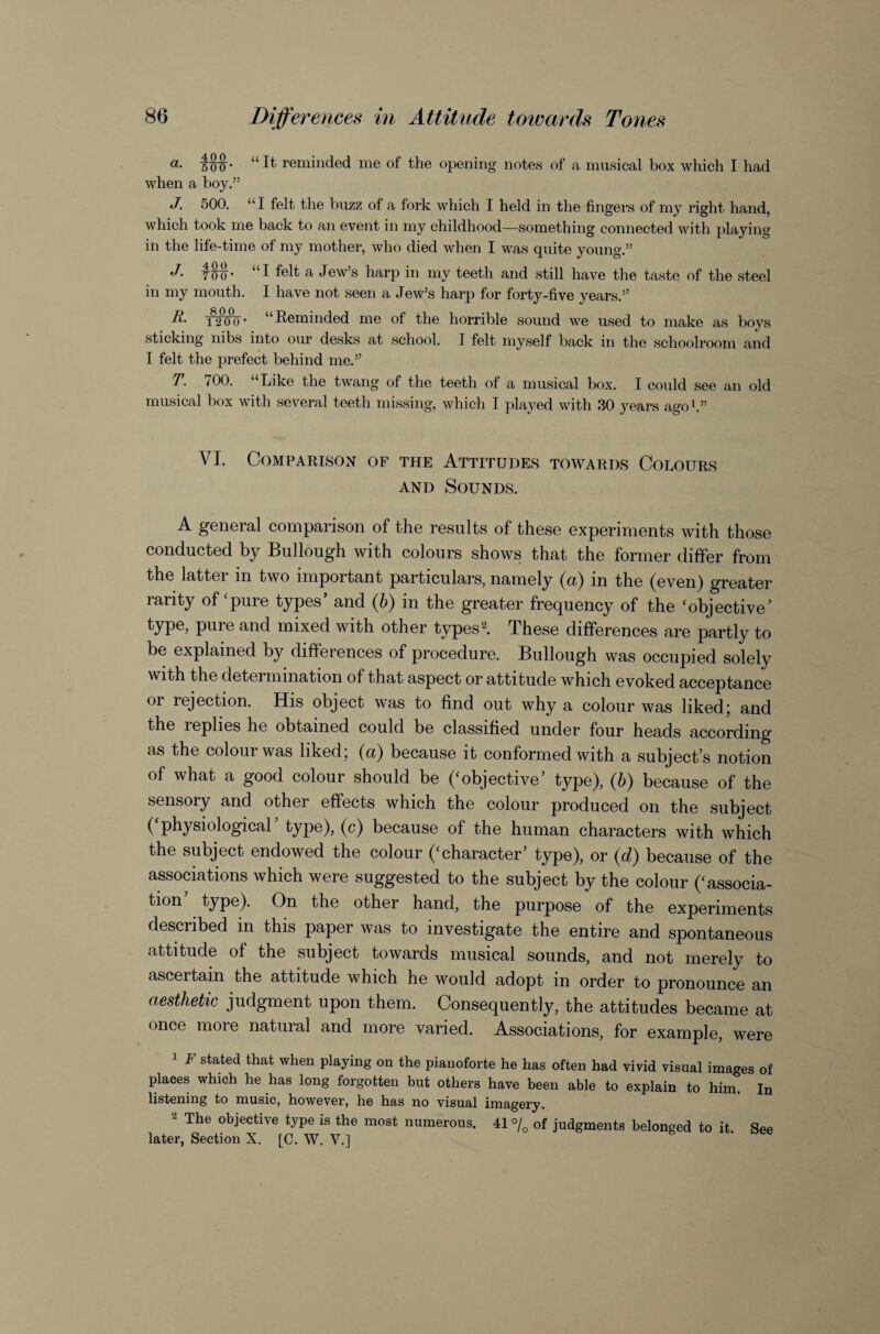 reminded me of the opening notes of a musical box which I had when a boy.” J. 500. “I felt the buzz of a fork which I held in the fingers of my right hand, which took me back to an event in my childhood—something connected with playing in the life-time of my mother, who died when I was quite young.” J. “I felt a Jew’s harp in my teeth and still have the taste of the steel in my mouth. I have not seen a Jew’s harp for forty-five years.” “Reminded me of the horrible sound we used to make as boys sticking nibs into our desks at school. I felt myself back in the schoolroom and I felt the prefect behind me.” T. 700. “Like the twang of the teeth of a musical box. I could see an old musical box with several teeth missing, which I played with 30 years ago^” VI. Comparison of the Attitudes towards Colours AND Sounds. A general comparison of the results of these experiments with those conducted by Bullough with colours shows that the former differ from the latter in two impoitant particulars, namely (ft) in the (even) greater rarity of‘pure types’ and (b) in the greater frequency of the ‘objective’ type, puie and mixed with other typesThese differences are partly to be explained by differences of procedure. Bullough was occupied solely with the determination of that aspect or attitude which evoked acceptance or rejection. His object was to find out why a colour was liked; and the replies he obtained could be classihed under four heads according as the colour was liked; (ft) because it conformed with a subject’s notion of what a good colour should be (‘objective’ type), (b) because of the sensory and other effects which the colour produced on the subject (‘physiological’ type), (c) because of the human characters with which the subject endowed the colour (‘character’ type), or (d) because of the associations which were suggested to the subject by the colour (‘associa¬ tion’ type). On the other hand, the purpose of the experiments described in this paper was to investigate the entire and spontaneous attitude of the subject towards musical sounds, and not merely to ascertain the attitude which he would adopt in order to pronounce an aesthetic judgment upon them. Consequently, the attitudes became at once more natural and more varied. Associations, for example, were 1 F stated that when playing on the pianoforte he has often had vivid visual images of places which he has long forgotten but others have been able to explain to him. In listening to music, however, he has no visual imagery. The objective type is the most numerous. 41 °/q of judgments belonged to it. See later, Section X, [C. W. V.]