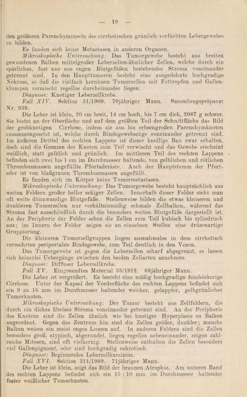 den größeren Parenchvminseln des cirrhotischen grünlich verfärbten Lebergewebes zu bilden. Es fanden sich keine Metastasen in anderen Organen. Mikroskopische Untersuchung: Das Tumorgewebe besteht aus breiten gewundenen Balken mittelgroßer Leberzellen-ähnlicher Zellen, welche durch ein spärliches, fast nur aus engen Blutgefäßen bestehendes Stroma voneinander getrennt sind. In den Haupttumoren besteht eine ausgedehnte hochgradige Nekrose, so daß die vielfach kernlosen Tumorzellen mit Fettropfen und Gallen¬ klumpen vermischt regellos durcheinander liegen. Diagnose: Knotiger Leberzellkrebs. Fall XIV. Sektion 31/1909. 70jähriger Mann. Sammlungspräparat Nr. 939. Die Leber ist klein, 20 cm breit, 14 cm hoch, bis 7 cm dick, 2087 g schwer. Sie bietet an der Oberfläche und auf dem größten Teil der Schnittfläche das Bild der grobknotigen Cirrhose, indem sie aus bis erbsengroßen Parenchymknoten zusammengesetzt ist, welche durch Bindegewebszüge voneinander getrennt sind. Im äußeren Drittel des rechten Lappens ist dieser knollige Bau zwar erhalten, doch sind die Grenzen der Knoten zum Teil verwischt und das Gewebe erscheint weißlich, statt gelblich und grünlich. Im mittleren Teil des rechten Lappens befinden sich zwei bis 1 cm im Durchmesser haltende, von gelblichen und rötlichen Thrombusmassen angefüllte Pfortaderäste. Auch der Hauptstamm der Pfort¬ ader ist von blaßgrauen Thrombusmassen angefüllt. Es fanden sich im Körper keine Tumormetastasen. Mikroskopische Untersuchung: Das Tumorgewebe besteht hauptsächlich aus weiten Feldern großer heller eckiger Zellen. Innerhalb dieser Felder sieht man oft weite dünnwandige Blutgefäße. Stellenweise bilden die etwas kleineren und dunkleren Tumorzellen nur verhältnismäßig schmale Zellbalken, während das Stroma fast ausschließlich durch die besonders weiten Blutgefäße dargestellt ist. An der Peripherie der Felder sehen die Zellen zum Teil kubisch bis zylindrisch aus; im Innern der Felder zeigen sie an einzelnen Stellen eine drüsenartige Gruppierung. Die kleineren Tumorzellgruppen liegen ausnahmslos in dem cirrhotisch vermehrten periportalen Bindegewebe, zum Teil deutlich in den Yenen. Das Tumorgewebe ist gegen die Leberzellen scharf abgegrenzt, es lassen sich keinerlei Uebergänge zwischen den beiden Zellarten annehmen. Diagnose: Diffuser Leberzellkrebs. Fall XV. Eingesandtes Material 33/1912. 68jähriger Mann. Die Leber ist vergrößert. Es besteht eine mäßig hochgradige feinhöckerige Cirrhose. Unter der Kapsel der Vorderfläche des rechten Lappens befindet sich ein 9 zu 16 mm im Duröhmesser haltender weicher, gelappter, gelbgrünlicher Tumorknoten. Mikroskopische Untersuchung: Der Tumor besteht aus Zellfeldern, die durch ein dickes fibröses Stroma voneinander getrennt sind. An der Peripherie des Knotens sind die Zellen ähnlich wie bei knotiger Hyperplasie zu Balken angeordnet. Gegen das Zentrum hin sind die Zellen größer, dunkler; manche Balken weisen ein meist enges Lumen auf. In anderen Feldern sind die Zellen besonders groß, atypisch, abgerundet, liegei). regellos nebeneinander, zeigen zahl¬ reiche Mitosen, sind oft vielkernig. Stellenweise enthalten die Zellen besonders viel Gallenpigment, oder sind hochgradig nekrotisch. Diagnose: Beginnendes Leberzellkarzinom. Fall XVI. Sektion 311/1909. 71jähriger Mann. Die Leber ist klein, zeigt das Bild der braunen Atrophie. Am unteren Band des rechten Lappens befindet sich ein 15 : 10 mm im Durchmesser haltender fester weißlicher Tumorknoten.