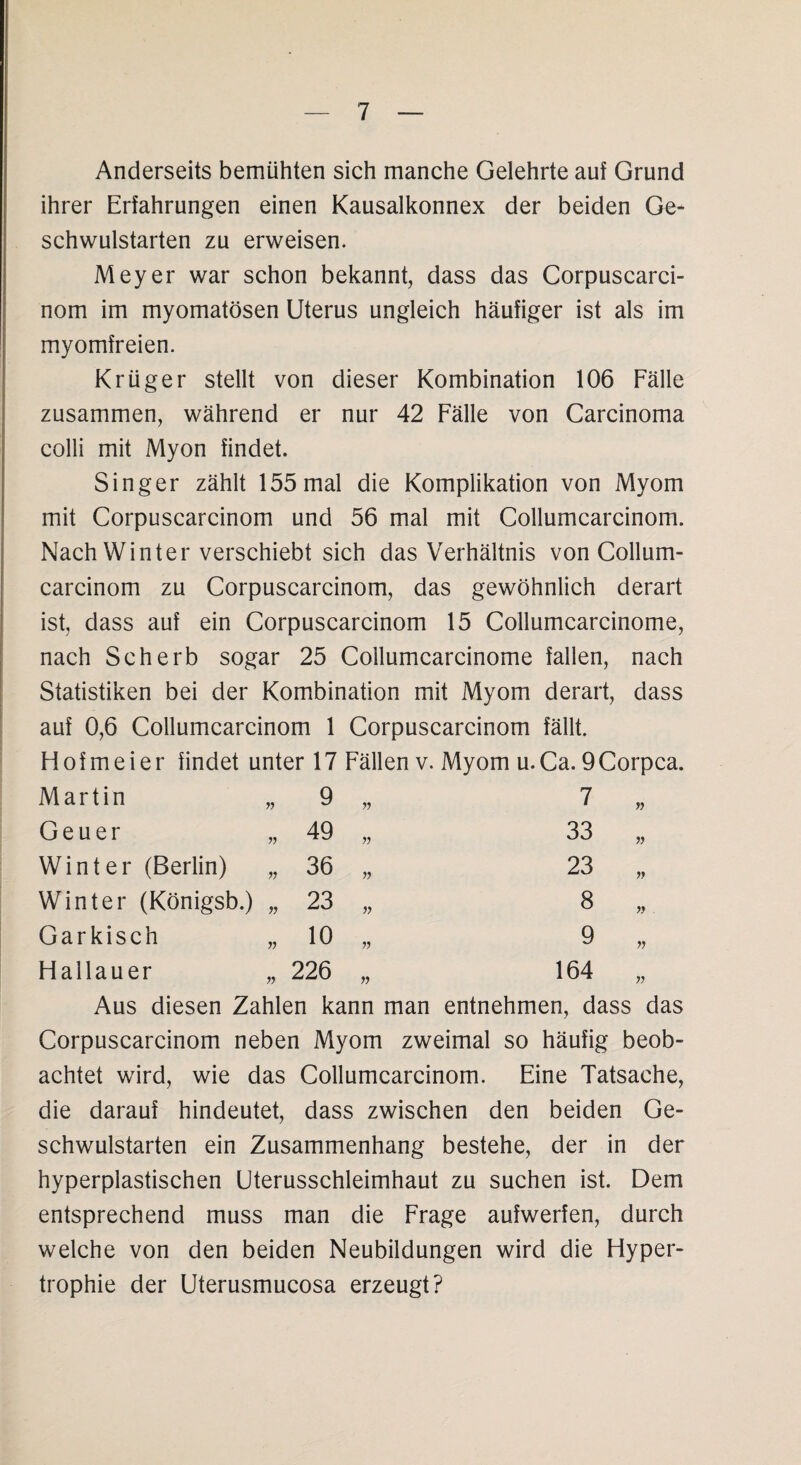 Anderseits bemühten sich manche Gelehrte auf Grund ihrer Erfahrungen einen Kausalkonnex der beiden Ge¬ schwulstarten zu erweisen. Meyer war schon bekannt, dass das Corpuscarci- nom im myomatösen Uterus ungleich häufiger ist als im myomfreien. Krüger stellt von dieser Kombination 106 Fälle zusammen, während er nur 42 Fälle von Carcinoma colli mit Myon findet. Singer zählt 155 mal die Komplikation von Myom mit Corpuscarcinom und 56 mal mit Collumcarcinom. Nachwinter verschiebt sich das Verhältnis von Collum¬ carcinom zu Corpuscarcinom, das gewöhnlich derart ist, dass auf ein Corpuscarcinom 15 Collumcarcinome, nach Sch erb sogar 25 Collumcarcinome fallen, nach Statistiken bei der Kombination mit Myom derart, dass auf 0,6 Collumcarcinom 1 Corpuscarcinom fällt. H of m e i e r findet unter 17 Fällen v. Myom u. Ca. 9 Corpca. Martin n 9 „ 7 n Geuer n 49 „ 33 n Winter (Berlin) n 36 „ 23 n Winter (Königsb.) » 23 „ 8 n Garkisch 10 „ 9 » Hailauer n 226 „ 164 n Aus diesen Zahlen kann man entnehmen, dass das Corpuscarcinom neben Myom zweimal so häufig beob¬ achtet wird, wie das Collumcarcinom. Eine Tatsache, die darauf hindeutet, dass zwischen den beiden Ge¬ schwulstarten ein Zusammenhang bestehe, der in der hyperplastischen Uterusschleimhaut zu suchen ist. Dem entsprechend muss man die Frage aufwerfen, durch welche von den beiden Neubildungen wird die Hyper¬ trophie der Uterusmucosa erzeugt?