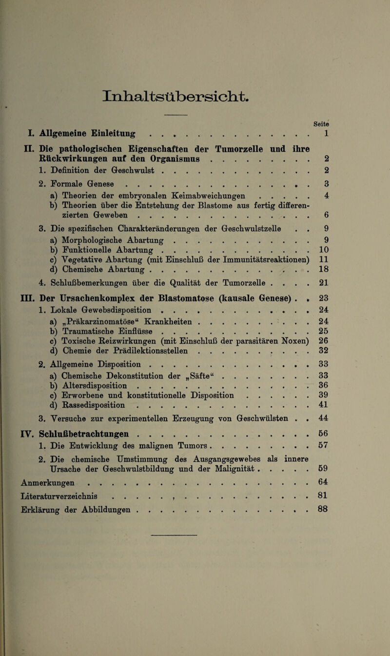 Inhaltsübersicht Seite I. Allgemeine Einleitung ..1 II. Die pathologischen Eigenschaften der Tumorzelle und ihre Rückwirkungen auf den Organismus.2 1. Definition der G-eschwulst.2 2. Formale Genese. 3 a) Theorien der embryonalen Keimabweichungen.4 b) Theorien über die Entstehung der Blastome aus fertig differen¬ zierten Geweben.6 3. Die spezifischen Charakteränderungen der Geschwulstzelle . . 9 a) Morphologische Abartung.9 b) Funktionelle Abartung.10 c) Vegetative Abartung (mit Einschluß der Immunitätsreaktionen) 11 d) Chemische Abartung.18 4. Schlußbemerkungen über die Qualität der Tumorzelle . . . . 21 III. Der Ursachenkomplex der Blastomatose (kausale Genese) . • 23 1. Lokale Gewebsdisposition.24 a) „Präkarzinomatöse“ Krankheiten.24 b) Traumatische Einflüsse.25 c) Toxische Reizwirkungen (mit Einschluß der parasitären Noxen) 26 d) Chemie der Prädilektionsstellen.32 2. Allgemeine Disposition.33 a) Chemische Dekonstitution der „Säfte“.33 b) Altersdisposition. 36 c) Erworbene und konstitutionelle Disposition.39 d) Rassedisposition.41 3. Versuche zur experimentellen Erzeugung von Geschwülsten . . 44 IV. Schlußbetrachtungen.56 1. Die Entwicklung des malignen Tumors.57 2. Die chemische Umstimmung des Ausgangsgewebes als innere Ursache der Geschwulstbildung und der Malignität.59 Anmerkungen.64 Literaturverzeichnis. 81 Erklärung der Abbildungen.88