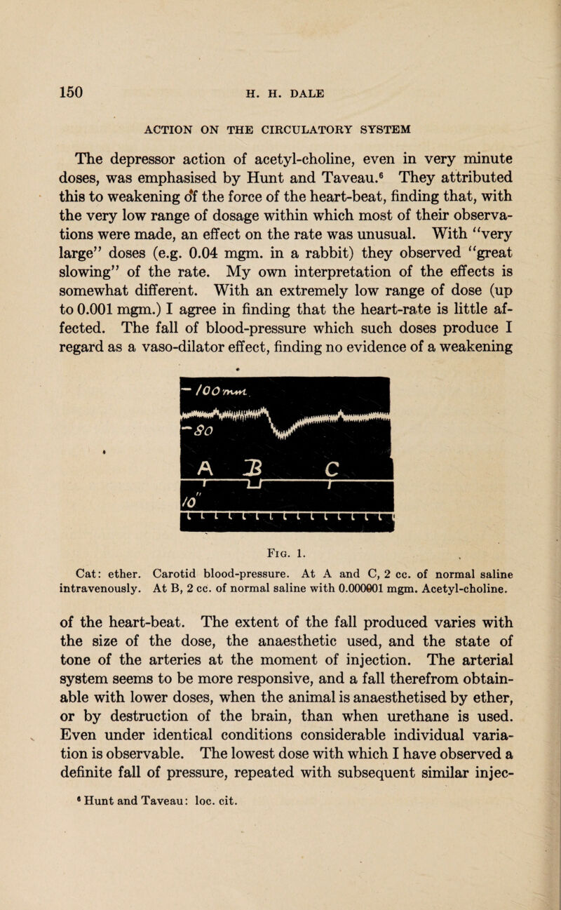 ACTION ON THE CIRCULATORY SYSTEM The depressor action of acetyl-choline, even in very minute doses, was emphasised by Hunt and Taveau.6 They attributed this to weakening o#f the force of the heart-beat, finding that, with the very low range of dosage within which most of their observa¬ tions were made, an effect on the rate was unusual. With “very large” doses (e.g. 0.04 mgm. in a rabbit) they observed “great slowing” of the rate. My own interpretation of the effects is somewhat different. With an extremely low range of dose (up to 0.001 mgm.) I agree in finding that the heart-rate is little af¬ fected. The fall of blood-pressure which such doses produce I regard as a vaso-dilator effect, finding no evidence of a weakening Fig. 1. Cat: ether. Carotid blood-pressure. At A and C, 2 cc. of normal saline intravenously. At B, 2 cc. of normal saline with 0.000001 mgm. Acetyl-choline. of the heart-beat. The extent of the fall produced varies with the size of the dose, the anaesthetic used, and the state of tone of the arteries at the moment of injection. The arterial system seems to be more responsive, and a fall therefrom obtain¬ able with lower doses, when the animal is anaesthetised by ether, or by destruction of the brain, than when urethane is used. Even under identical conditions considerable individual varia¬ tion is observable. The lowest dose with which I have observed a definite fall of pressure, repeated with subsequent similar injec- 8 Hunt and Taveau: loc. cit.