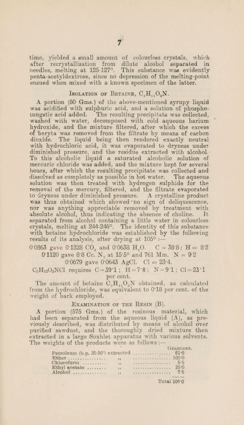 time, yielded a email amount of colourless crystals, which after recrystallisation from dilute alcohol separated in needles, melting at 125-127°. This substance was evidently penta-acetyldextrose, since no depression of the melting-point ensued when mixed with a known specimen of the latter. Isolation of Betaine, C.H^CXN. A portion (50 Gms.) of the above-mentioned syrupy liquid was acidified with sulphuric acid, and a solution of phospho- tungstic acid added. The resulting precipitate was collected, washed with water, decomposed with cold aqueous barium hydroxide, and the mixture filtered, after which the excess of baryta was removed from the filtrate by means of carbon dioxide. The liquid being then rendered exactly neutral with hydrochloric acid, it was evaporated to dryness under diminished pressure, and the residue extracted with alcohol. To this alcoholic liquid a saturated alcoholic solution of mercuric chloride was added, and the mixture kept for several hours, after which the resulting precipitate was collected and dissolved as completely as possible in hot water. The aqueous solution was then treated with hydrogen sulphide for the removal of the mercury, filtered, and the filtrate evaporated to dryness under diminished pressure. A crystalline product r/as thus obtained which showed no sign of deliquescence, nor was anything appreciable removed by treatment with absolute alcohol, thus indicating the absence of choline. It separated from alcohol containing a little water in colourless crystals, melting at 244-246°. The identity of this substance with betaine hydrochloride was established by the following results of its analysis, after drying at 105° :— 0-0863 gave 01228 CO., and 0 0638 H.,0. C = 38'8; H= 8 2 0-1120 gave 8’8 Cc.‘ N2 at 15‘5° and 761 Mm. N = 9 2 0-0679 gave 0‘0643 AgCl. Cl = 23-4. C5H12O2NCI requires C = 391 ; H = 7'8; N = 91; Cl = 231 per cent. The amount of betaine C-HX102N obtained, as calculated from the hvdrochloride, was equivalent to 018 per cent, of the weight of Lark employed. Examination of the Resin (B). A portion (575 Gms.) of the resinous material, which had been separated from the aqueous liquid (A), as pre¬ viously described, was distributed by means of alcohol over purified sawdust, and the thoroughly dried mixture then extracted in a large Soxhlet apparatus with various solvents. The weights of the products were as follows :— Grammes. Petroleum (b.p. 35-50°) extracted . 61*0 Ether. ,, 105'0 Chloroform . ,, 5’5 Ethyl acetate . ,, 25-0 Alcohol . ,, 7'5 Total 204-0
