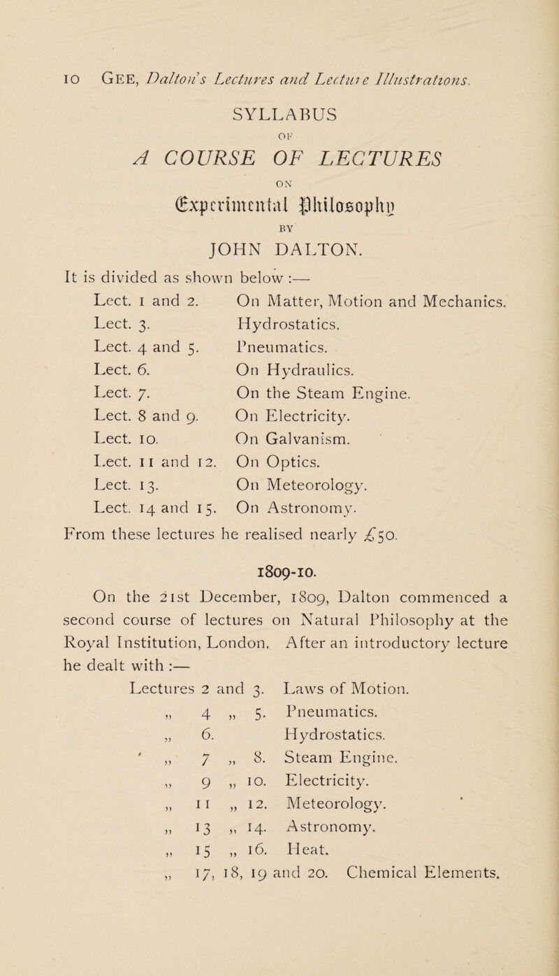 SYLLABUS OF A COURSE OF LECTURES ON (Experimental iJhilcrsoplu) BY JOHN DALTON. It is divided as shown below :— Lect. i and 2. On Matter, Motion and Mechanics. Lect. 3. Lect. 4 and 5. Lect. 6. Lect. 7. Lect. 8 and 9. Lect. 10. Lect. 11 and 12. Lect. 13. Lect. 14 and 15. Hydrostatics. Pneumatics. On Hydraulics. On the Steam Engine. On Electricity. On Galvanism. On Optics. On Meteorology. On Astronomv. From these lectures he realised nearly U50. 1809-10. On the 21st December, 1809, Dalton commenced a second course of lectures on Natural Philosophy at the Royal Institution, London. After an introductory lecture he dealt with :— Lectu: res 2 and 3. Laws of Motion n 4 „ 5' Pneumatics. 6. Hydrostatics. 0 5) od ts. Steam Engine. 5) 9 » 10. Electricity. V 11 „ 12. Meteorology. )) 13 „ H- Astronomy. )) 15 » 16. Heat. 17, 18, 19 and 20. Chemical Elements.