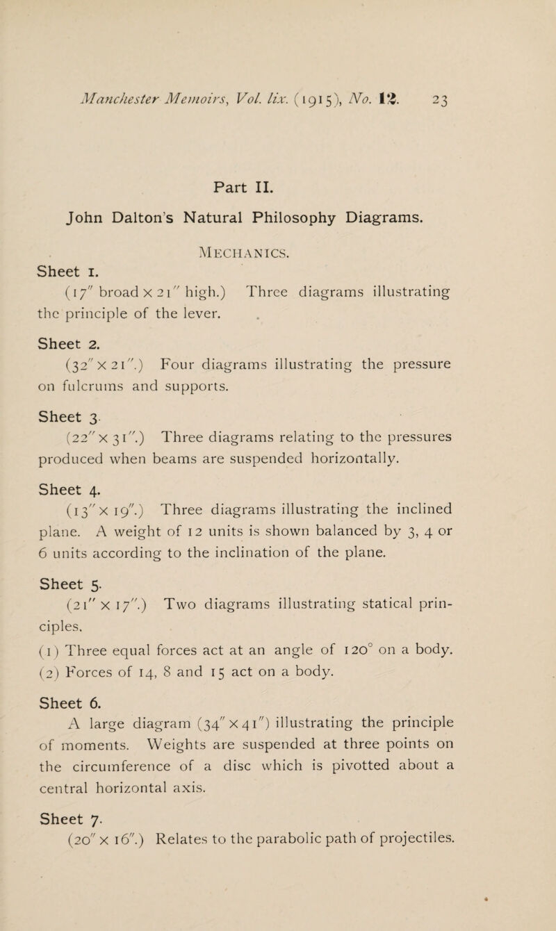 Part II. John Dalton’s Natural Philosophy Diagrams. Mechanics. Sheet 1. (17 broad x 21 high.) Three diagrams illustrating the principle of the lever. Sheet 2. (32 X 21 f) Four diagrams illustrating the pressure on fulcrums and supports. Sheet 3. (22// x 31.) Three diagrams relating to the pressures produced when beams are suspended horizontally. Sheet 4. (i3xi9.) Three diagrams illustrating the inclined plane. A weight of 12 units is shown balanced by 3, 4 or 6 units according to the inclination of the plane. Sheet 5. (21 x 17.) Two diagrams illustrating statical prin¬ ciples. (1) Three equal forces act at an angle of 120° on a body. (2) Forces of 14, 8 and 15 act on a body. Sheet 6. A large diagram (34x4i) illustrating the principle of moments. Weights are suspended at three points on the circumference of a disc which is pivotted about a central horizontal axis. Sheet 7. (20 X 16.) Relates to the parabolic path of projectiles.