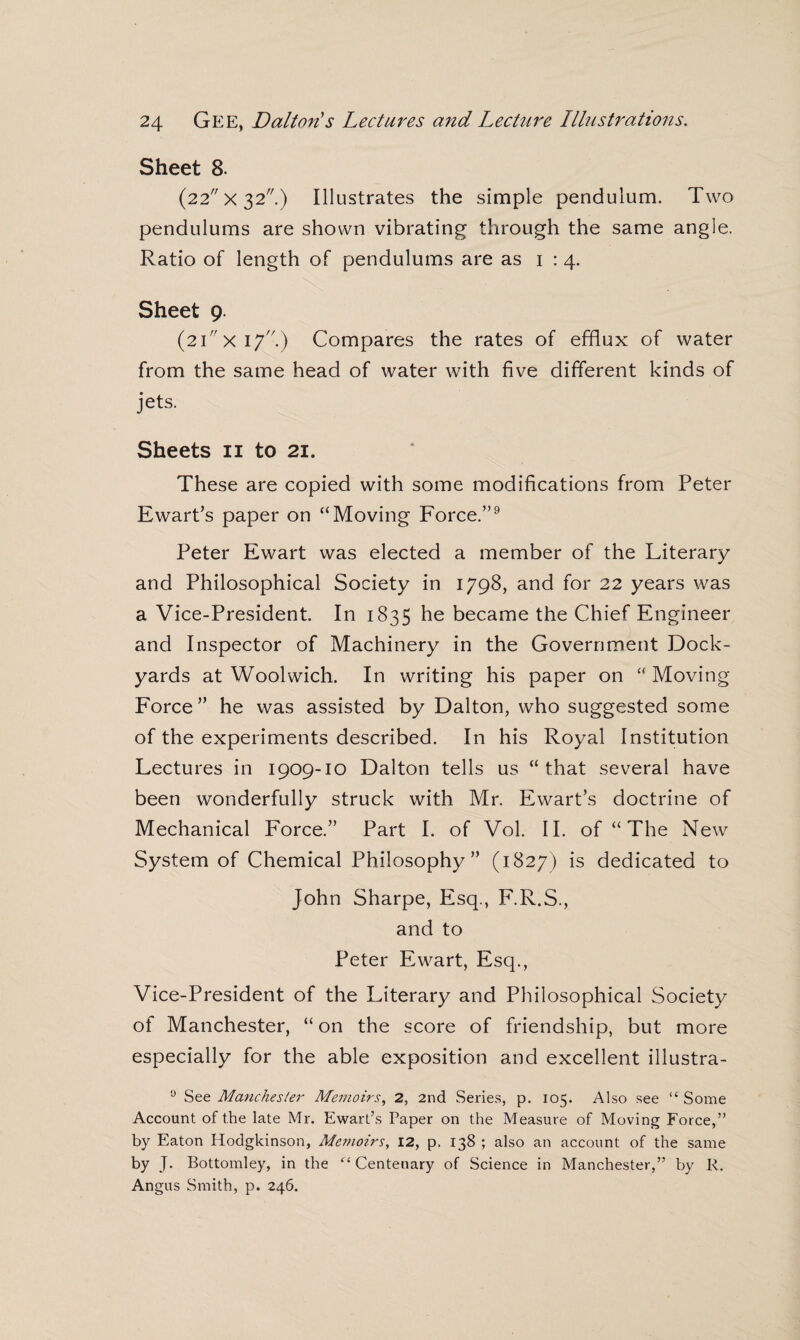 Sheet 8. (22x32) Illustrates the simple pendulum. Two pendulums are shown vibrating through the same angle. Ratio of length of pendulums are as 1:4. Sheet 9. (2LX17C) Compares the rates of efflux of water from the same head of water with five different kinds of jets. Sheets 11 to 21. These are copied with some modifications from Peter Ewart’s paper on “Moving Force.”9 Peter Ewart was elected a member of the Literary and Philosophical Society in 1798, and for 22 years was a Vice-President. In 1835 he became the Chief Engineer and Inspector of Machinery in the Government Dock¬ yards at Woolwich. In writing his paper on “ Moving Force” he was assisted by Dalton, who suggested some of the experiments described. In his Royal Institution Lectures in 1909-10 Dalton tells us “that several have been wonderfully struck with Mr. Ewart’s doctrine of Mechanical Force.” Part I. of Vol. II. of “ The New System of Chemical Philosophy” (1827) is dedicated to John Sharpe, Esq., F.R.S., and to Peter Ewart, Esq., Vice-President of the Literary and Philosophical Society of Manchester, “ on the score of friendship, but more especially for the able exposition and excellent illustra- 0 See Manchester Memoirs, 2, 2nd Series, p. 105. Also see “ Some Account of the late Mr. Ewart’s Paper on the Measure of Moving Force,” by Eaton Hodgkinson, Memoirs, 12, p, 138 ; also an account of the same by J. Bottomley, in the “ Centenary of Science in Manchester,” by R. Angus Smith, p. 246.