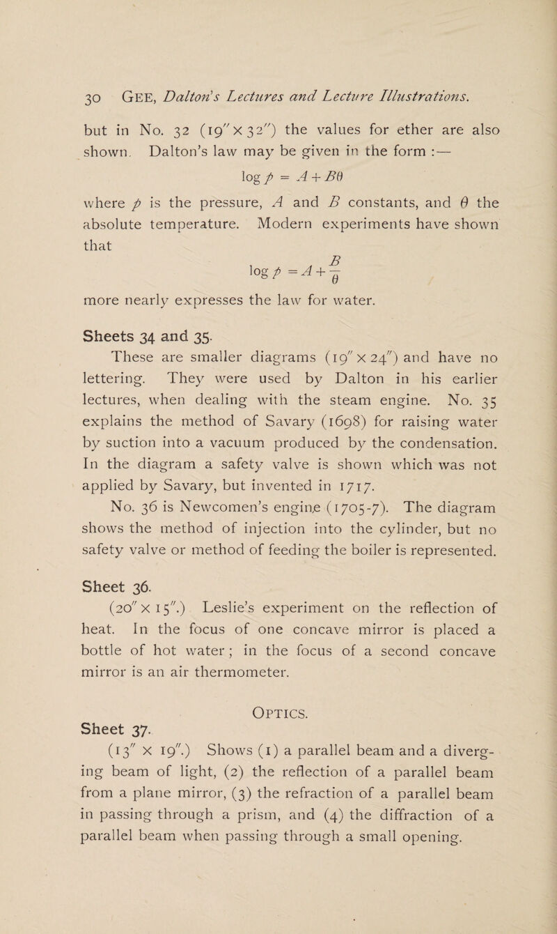 but in No. 32 (i9//X32'/) the values for ether are also shown. Dalton’s law may be given in the form : — log p — A + Bd where p is the pressure, A and B constants, and 0 the absolute temperature. Modern experiments have shown that log/- = xf + - more nearly expresses the law for water. Sheets 34 and 35. These are smaller diagrams (19 x 24) and have no lettering. They were used by Dalton in his earlier lectures, when dealing with the steam engine. No. 35 explains the method of Savary (1698) for raising water by suction into a vacuum produced by the condensation. In the diagram a safety valve is shown which was not applied by Savary, but invented in 1717. No. 36 is Newcomen’s engine (1705-7). The diagram shows the method of injection into the cylinder, but no safety valve or method of feeding the boiler is represented. Sheet 36. (20 x 15.) Leslie’s experiment on the reflection of heat. In the focus of one concave mirror is placed a bottle of hot water ; in the focus of a second concave mirror is an air thermometer. Optics. Sheet 37. (13 X 19) Shows (1) a parallel beam and a diverg¬ ing beam of light, (2) the reflection of a parallel beam from a plane mirror, (3) the refraction of a parallel beam in passing through a prism, and (4) the diffraction of a parallel beam when passing through a small opening.