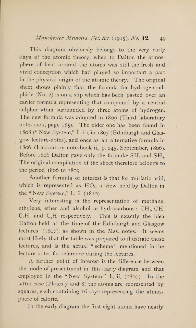 This diagram obviously belongs to the very early days of the atomic theory, when to Dalton the atmos¬ phere of heat around the atoms was still the fresh and vivid conception which had played so important a part in the physical origin of the atomic theory. The original sheet shows plainly that the formula for hydrogen sul¬ phide (No. 2) is on a slip which has been pasted over an earlier formula representing that compound by a central sulphur atom surrounded by three atoms of hydrogen. The new formula was adopted in 1809 (Third laboratory note-book, page 185). The older one has been found in 1808 (“ New System,” I., i.), in 1807 (Edinburgh and Glas¬ gow lecture-notes), and once as an alternative formula in 1806 (Laboratory note-book ii., p. 245, September, 1806). Befoie 1806 Dalton gave only the formulae SH2 and SH4. The original compilation of the sheet therefore belongs to the period 1806 to 1809. Another formula of interest is that for muriatic acid, which is represented as H03, a view held by Dalton in the “ New System,” I., ii. (1810). Very interesting is the representation of methane, ethylene, ether and alcohol as hydrocarbons : CH2, CH, CoH, and CSH respectively. This is exactly the idea Dalton held at the time of the Edinburgh and Glasgow lectures (1807), as shown in the Mss. notes. It seems most likely that the table was prepared to illustrate those lectures, and is the actual “scheme” mentioned in the lecture notes for reference during the lectures. A further point of interest is the difference between the mode of presentment in this early diagram and that employed in the “New System,” I., ii. (1810). In the latter case (Plates 7 and 8) the atoms are represented by squares, each containing 16 rays representing the atmos¬ phere of caloric. In the early diagram the first eight atoms have nearly
