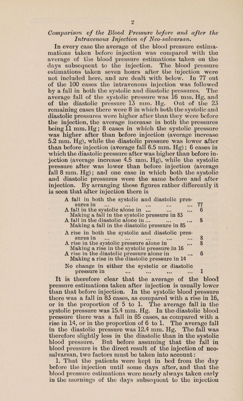 Comparison of the Blood Pressure before and after the Intravenous Injection of Neo-salvarsan. In every case the average of the blood pressure estima- mations taken before injection was compared with the average of the blood pressure estimations taken on the days subsequent to the injection. The blood pressure estimations taken seven hours after the injection were not included here, and are dealt with below. In 77 out of the 100 cases the intravenous injection was followed by a fall in both the systolic and diastolic pressures. The average fall of the systolic pressure was 16 mm. Hg, and of the diastolic pressure 13 mm. Hg. Out of the 23 remaining cases there were 8 in which both the systolic and diastolic pressures were higher after than they were before the injection, the average increase in both the pressures being 11 mm. Hg; 8 cases in which the systolic pressure was higher after than before injection (average increase 5.2 mm. Hg), while the diastolic pressure was lower after than before injection (average fall 6.5 mm. Hg); 6 cases in which the diastolic pressure after was higher than before in¬ jection (average increase 4.5 mm. Hg), while the systolic pressure after was lower than before injection (average fall 8 mm. Hg); and one case in which both the systolic and diastolic pressures were the same before and after injection. By arranging these figures rather differently it i3 seen that after injection there is A fall in both the systolic and diastolic pres¬ sures in ... ... ... ... ... 77 A fall in the systolic alone in ... ... ... 6 Making a fall in the systolic pressure in 83 A fall in the diastolic alone in ... ... ... 8 Making a fall in the diastolic pressure in 85 A rise in both the systolic and diastolic pres¬ sures in ... ... ... ... ... 8 A rise in the systolic pressure alone in ... 8 Making a rise in the systolic pressure in 16 A rise in the diastolic pressure alone in ... 6 Making a rise in the diastolic pressure in 14 No change in either the systolic or diastolic pressure in ... ... ... ... 1 It is therefore clear that the average of the blood pressure estimations taken after injection is usually lower than that before injection. In the systolic blood pressure there was a fall in 83 cases, as compared with a rise in 16, or in the proportion of 5 to 1. The average fall in the systolic pressure was 15.4 mm. Hg. In the-diastolic blood pressure there was a fall in 85 cases, as compared with a rise in 14, or in the proportion of 6 to 1. The average fall in the diastolic pressure was 12.4 mm. Hg. The fall was therefore slightly less in the diastolic than in the systolic blood pressure. But before assuming that the fall in blood pressure is the direct result of the injection of neo- salvarsan, two factors must be taken into account: 1. That the patients were kept in bed from the day before the injection until some days after, and that the blood pressure estimations were nearly always taken early in the mornings of the days subsequent to the injection