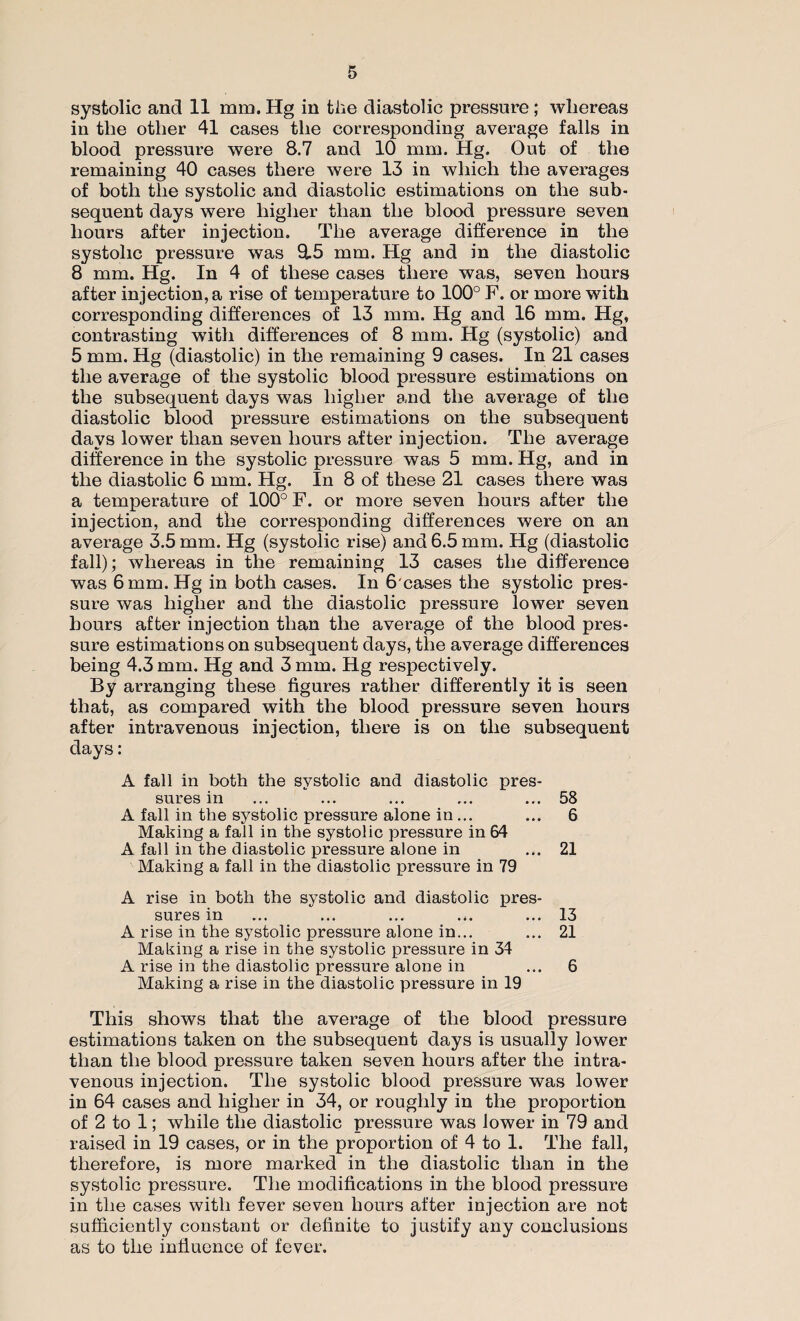 systolic and 11 mm. Hg in the diastolic pressure; whereas in the other 41 cases the corresponding average falls in blood pressure were 8.7 and 10 mm. Hg. Out of the remaining 40 cases there were 13 in which the averages of both the systolic and diastolic estimations on the sub¬ sequent days were higher than the blood pressure seven hours after injection. The average difference in the systolic pressure was 9.5 mm. Hg and in the diastolic 8 mm. Hg. In 4 of these cases there was, seven hours after injection, a rise of temperature to 100° F. or more with corresponding differences of 13 mm. Hg and 16 mm. Hg, contrasting with differences of 8 mm. Hg (systolic) and 5 mm. Hg (diastolic) in the remaining 9 cases. In 21 cases the average of the systolic blood pressure estimations on the subsequent days was higher and the average of the diastolic blood pressure estimations on the subsequent days lower than seven hours after injection. The average difference in the systolic pressure was 5 mm. Hg, and in the diastolic 6 mm. Hg. In 8 of these 21 cases there was a temperature of 100° F. or more seven hours after the injection, and the corresponding differences were on an average 3.5 mm. Hg (systolic rise) and 6.5 mm. Hg (diastolic fall); whereas in the remaining 13 cases the difference was 6 mm. Hg in both cases. In 6'cases the systolic pres¬ sure was higher and the diastolic pressure lower seven hours after injection than the average of the blood pres¬ sure estimations on subsequent days, the average differences being 4.3 mm. Hg and 3 mm. Hg respectively. By arranging these figures rather differently it is seen that, as compared with the blood pressure seven hours after intravenous injection, there is on the subsequent days: A fall in both the systolic and diastolic pres¬ sures in ... ... ... ... ... 58 A fall in the systolic pressure alone in ... ... 6 Making a fall in the systolic pressure in 64 A fall in the diastolic pressure alone in ... 21 Making a fall in the diastolic pressure in 79 A rise in both the systolic and diastolic pres¬ sures in ... ... ... ... ... 13 A rise in the systolic pressure alone in... ... 21 Making a rise in the systolic pressure in 34 A rise in the diastolic pressure alone in ... 6 Making a rise in the diastolic pressure in 19 This shows that the average of the blood pressure estimations taken on the subsequent days is usually lower than the blood pressure taken seven hours after the intra¬ venous injection. The systolic blood pressure was lower in 64 cases and higher in 34, or roughly in the proportion of 2 to 1; while the diastolic pressure was lower in 79 and raised in 19 cases, or in the proportion of 4 to 1. The fall, therefore, is more marked in the diastolic than in the systolic pressure. The modifications in the blood pressure in the cases with fever seven hours after injection are not sufficiently constant or definite to justify any conclusions as to the influence of fever.