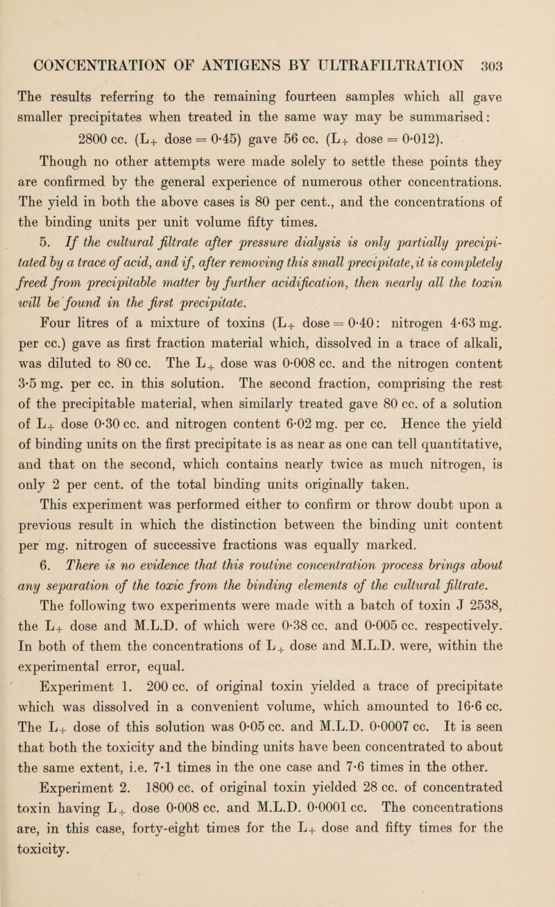 The results referring to the remaining fourteen samples which all gave smaller precipitates when treated in the same way may be summarised: 2800 cc. (L+ dose = 0*45) gave 56 cc. (L+ dose = 0*012). Though no other attempts were made solely to settle these points they are confirmed by the general experience of numerous other concentrations. The yield in both the above cases is 80 per cent., and the concentrations of the binding units per unit volume fifty times. 5. If the cultural filtrate after pressure dialysis is only partially precipi¬ tated by a trace of acid, and if, after removing this small precipitate,it is completely freed from precipitable matter by further acidification, then nearly all the toxin will be found in the first precipitate. Four litres of a mixture of toxins (L+ dose = 0*40: nitrogen 4*63 mg. per cc.) gave as first fraction material which, dissolved in a trace of alkali, was diluted to 80 cc. The L+ dose was 0*008 cc. and the nitrogen content 3*5 mg. per cc. in this solution. The second fraction, comprising the rest of the precipitable material, when similarly treated gave 80 cc. of a solution of L+ dose 0*30 cc. and nitrogen content 6*02 mg. per cc. Hence the yield of binding units on the first precipitate is as near as one can tell quantitative, and that on the second, which contains nearly twice as much nitrogen, is only 2 per cent, of the total binding units originally taken. This experiment was performed either to confirm or throw doubt upon a previous result in which the distinction between the binding unit content per mg. nitrogen of successive fractions was equally marked. 6. There is no evidence that this routine concentration process brings about any separation of the toxic from the binding elements of the cultural filtrate. The following two experiments were made with a batch of toxin J 2538, the L+ dose and M.L.D. of which were 0*38 cc. and 0*005 cc. respectively. In both of them the concentrations of L+ dose and M.L.D. were, within the experimental error, equal. Experiment 1. 200 cc. of original toxin yielded a trace of precipitate which was dissolved in a convenient volume, which amounted to 16*6 cc. The L+ dose of this solution was 0*05 cc. and M.L.D. 0*0007 cc. It is seen that both the toxicity and the binding units have been concentrated to about the same extent, i.e. 7*1 times in the one case and 7*6 times in the other. Experiment 2. 1800 cc. of original toxin yielded 28 cc. of concentrated toxin having L+ dose 0*008 cc. and M.L.D. 0*0001 cc. The concentrations are, in this case, forty-eight times for the L+ dose and fifty times for the toxicity.