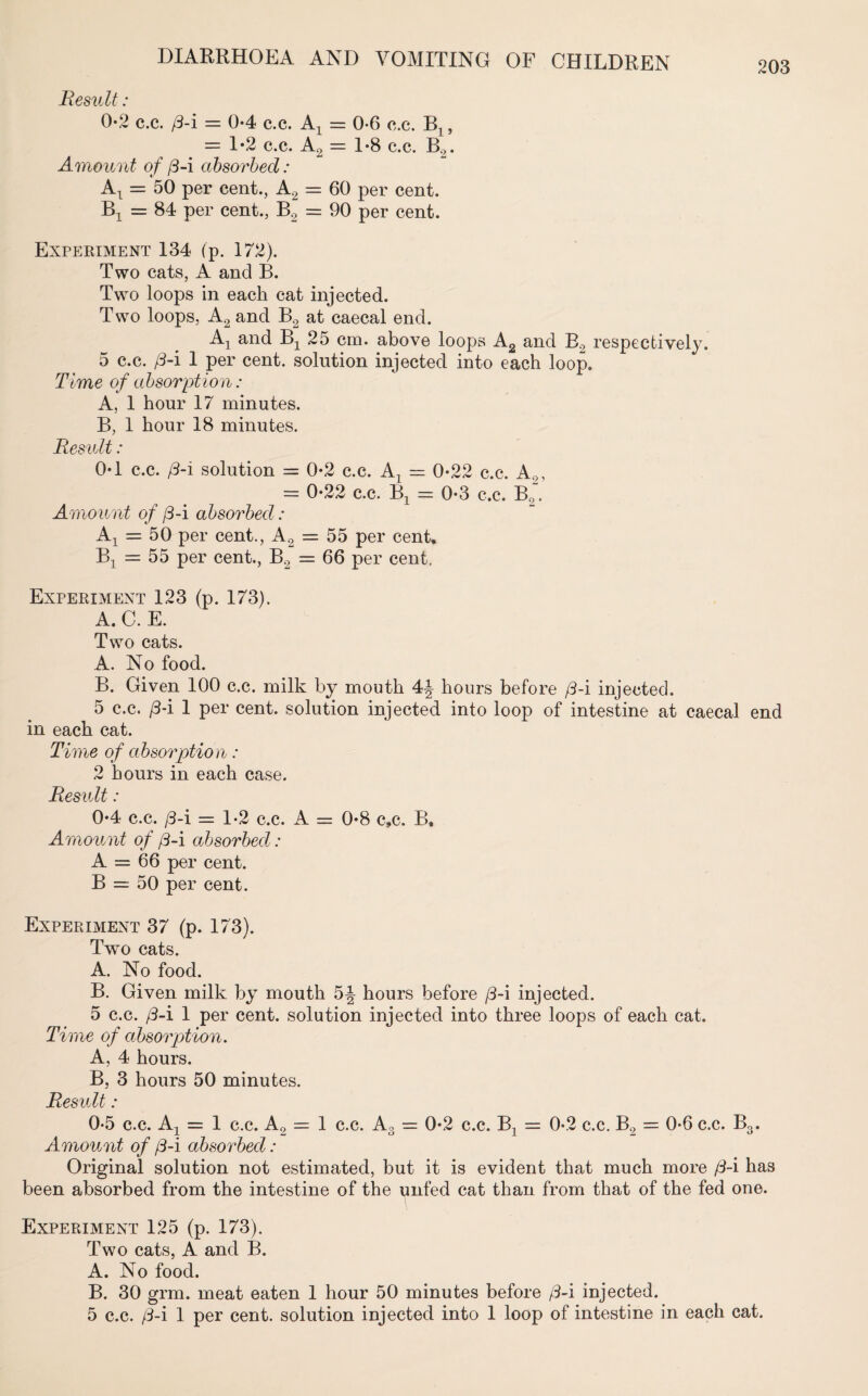 Result: 0-2 c.c. /3-i = 0-4 c.c. A1 = 0-6 e.c. Blf = 1*2 c.c. A2 = 1-8 c.c. B.,. Amount of (3-i absorbed: Ax = 50 per cent., A2 = 60 per cent. Bx = 84 per cent., B2 = 90 per cent. Experiment 134 (p. 172). Two cats, A and B. Two loops in each cat injected. Two loops, A2 and B2 at caecal end. Ax and Bx 25 cm. above loops A2 and B2 respectively. 5 c.c. (3-i 1 per cent, solution injected into each loop. Time of absorption: A, 1 hour 17 minutes. B, 1 hour 18 minutes. Result: 0*1 c.c. (3-i solution = 0-2 c.c. Ax = 0-22 c.c. A0, = 0-22 c.c. B1 = 0-3 c.c. B“. Amount of (3-i absorbed: A1 = 50 per cent., A2 = 55 per cent, Bx = 55 per cent., B2 = 66 per cent. Experiment 123 (p. 173). A. C. E. Two cats. A. No food. B. Given 100 c.c. milk by mouth 4-| hours before /3-i injected. 5 c.c. (3-i 1 per cent, solution injected into loop of intestine at caecal end in each cat. Time of absorption : 2 hours in each case. Result: 0*4 c.c. /3-i = 1*2 c.c. A = 0*8 c,c. B, Amount of /3-i absorbed: A — 66 per cent. B — 50 per cent. Experiment 37 (p. 173). Two cats. A. No food. B. Given milk by mouth 5-J hours before (3-i injected. 5 c.c. /3-i 1 per cent, solution injected into three loops of each cat. Time of absorption. A, 4 hours. B, 3 hours 50 minutes. Result : 0*5 c.c. A1 = 1 c.c. A2 = 1 c.c. A3 = 0*2 c.c. Bx = 0«2 c.c. B2 = 0*6 c.c. B3. Amount of (3-i absorbed : Original solution not estimated, but it is evident that much more (3-i has been absorbed from the intestine of the unfed cat than from that of the fed one. Experiment 125 (p. 173). Two cats, A and B. A. No food. B. 30 grm. meat eaten 1 hour 50 minutes before (3-i injected. 5 c.c. (3-i 1 per cent, solution injected into 1 loop of intestine in each cat.