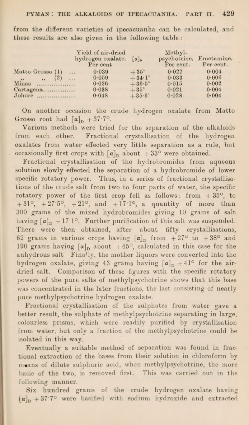 from the different varieties of ipecacuanha can be calculated, and these results are also given in the following table : Yield of air-dried Methyl- hydrogen oxalate. [a]D psychotrine. Emetamine. Per cent Per cent. Per cent. Matto Grosso (1) ... 0-039 +35° 0-022 0-004 „ „ (2) ... 0-059 +34-1° 0-033 0-006 Minas . 0-026 +36-5° 0-015 0-002 Cartagena. 0-038 -j-35° 0-021 0-004 Johore . 0-048 +35-6° 0-028 0-004 On another occasion the crude hydrogen oxalate from Matto Grosso root had [a]D -j-37’7°. Various methods were tried for the separation of the alkaloids from each other. Fractional crystallisation of the hydrogen oxalates from water effected very little separation as a rule, but occasionally first crops with [a]D about + 33° were obtained. Fractional crystallisation of the hydrobromides from aqueous solution slowly effected the separation of a hydrobromide of lower specific rotatory power. Thus, in a series of fractional crystallisa¬ tions of the ciude salt from two to four parts of water, the specific rotatory power of the first crop fell as follows: from +35°, to + 31°, + 27’5°, + 21°, and -p 17*1°, a quantity of more than 300 grams of the mixed hydrobromides giving 10 grams of salt having [a]D + 17'1°. Further purification of this salt was suspended. There were then obtained, after about fifty crystallisations, 62 grams in various crops having [a]D from +27u to +38° and 190 grams haying [a]D about +45°, calculated in this case for the anhydrous salt FinaUy, the mother liquors were converted into the hydrogen oxalate, giving 43 grams having [a]D +41° for the air- dried salt. Comparison of these figures with the specific rotatory powers of the puie salts of methylpsychotrine shows that this base was concentrated in the later fractions, the last consisting of nearly pure methylpsychotrine hydrogen oxalate. Fractional crystallisation of the sulphates from water gave a better result, the sulphate of methylpsychotrine separating in large, colourless prisms, which were readily purified by crystallisation from water, but only a fraction of the methylpsychotrine could be isolated in this way. Eventually a suitable method of separation was found in frac¬ tional extraction of the bases from their solution in chloroform by means of dilute sulphuric acid, when methylpsychotrine, the more basic of the two, is removed first. This was carried out in the following manner. Six hundred grams of the crude hydrogen oxalate having (a]D + 37'7° were ba-sified with sodium hydroxide and extracted