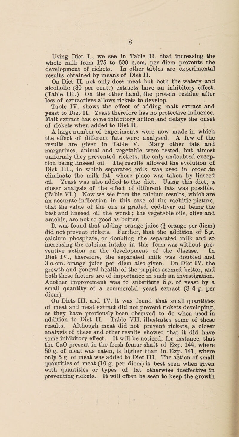 Using Diet I., we see in Table II. that increasing the whole milk from 175 to 500 c.cm. per diem prevents the development of rickets. In other tables are experimental results obtained by means of Diet II. On Diet II. not only does meat but both the watery and alcoholic (80 per cent.) extracts have an inhibitory effect. (Table III.) On the other hand, the protein residue after loss of extractives allows rickets to develop. Table IV. shows the effect of adding malt extract and yeast to Diet II. Yeast therefore has no protective influence. Malt extract has some inhibitory action and delays the onset of rickets when added to Diet II. A large number of experiments were now made in which the effect of different fats were analysed. A few of the results are given in Table Y. Many other fats and margarines, animal and vegetable, were tested, but almost uniformly they prevented rickets, the only undoubted excep¬ tion being linseed oil. The, results allowed the evolution of Diet III., in which separated milk was used in order .to eliminate the milk fat, whose place was taken by linseed oil. Yeast was also added to the diet. Using this diet, a closer analysis of the effect of different fats was possible. (Table YI.) Now we see from the calcium results, which are an accurate indication in this case of the rachitic picture, that the value of the oils is graded, cod-liver oil being the best and linseed oil the worst; the vegetable oils, olive and arachis, are not so good as butter. It was found that adding orange juice (^ orange per diem) did not prevent rickets. Further, that the addition of 5 g. calcium phosphate, or doubling the separated milk and so increasing the calcium intake in this form was without pre¬ ventive action on the development of the disease. In Diet IV., therefore, the separated milk was doubled and 3 c.cm. orange juice per diem also given. On Diet IV. the growth and general health of the puppies seemed better, and both these factors are of importance in such an investigation. Another improvement was to substitute 5 g. of yeast by a small quantity of a commercial yeast extract (3-4 g. per diem). On Diets III. and IV. it was found that small quantities of meat and meat extract did not prevent rickets developing, as they have previously been observed to do when used in addition to Diet II. Table VII. illustrates some of these results. Although meat did not prevent rickets, a closer analysis of these and other results showed that it did have some inhibitory effect. It will be noticed, for instance, that the CaO present in the fresh femur shaft of Exp. 144, where 50 g. of meat was eaten, is higher than in Exp. 141, where only 5 g. of meat was added to Diet III. The action of small quantities of meat (10 g. per diem) is best seen when given with quantities or types of fat otherwise ineffective in preventing rickets. It will often be seen to keep the growth l