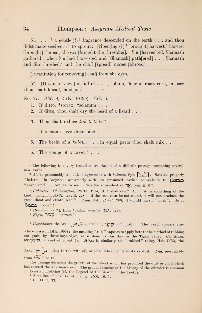 51. ... 1 a gentle (?) * 1 2 fragrance descended on the earth . . . and thou didst make seed-corn 3 to sprout: [ripening (?) 4 [brought ] harvest,5 harvest [brought] the ear, the ear [brought the threshing]. Sin [harves]ted, Shamash gathered ; when Sin had harvested and [Shamash] gath[ered] . . . Shamash and Sin threshed,6 and the chaff [spread] motes [abroad]. [Incantation for removing] chaff from the eyes. 57. [If a man’s eye] is full of ... , lolium, flour of roast corn, in beer thou shalt knead, bind on.7 • .* * # „ . • i, A No. 27. AM. 8, 2 (K. 10495). Col. ii. 1. If ditto, *storax, *solanum . . . 2. If ditto, thou shalt dry the head of a lizard . . . 3. Thou shalt reduce kak ti ti lu ? . . . 4. If a man’s eyes ditto, and . . . 5. The brain of a kul-tim ... in equal parts thou shalt mix . . . 6. - The young of a raven 8 . . . 1 The following is a very tentative translation of a difficult passage containing several new words. 2 Alalu, presumably an adj. in agreement with basamu, Syr. 1XX|. Basamu, properly “ balsam ” in Assyrian, apparently with its presumed earlier equivalence to “ sweet smell ”. Are we to see in this the equivalent of “IX, Gen. ii, 6 ? 3 Habburru. Cf. Langdon, PSBA. 1914, 31, “ seed-corn.” It must be something of the kind. Langdon, AJSL. xxviii, 228, “If the seed-corn be not sound, it will not produce the green shoot and create seed.” From Del., HWB. 268, it should mean “husk”. Is it ^ )QQ1 “ corn ” ? 4 [Ham]mannu (!), from hamdmu = esidu (MA. 323). 5 Kisru, “T2Tp “ harvest ”. 6 Isisanimma: the Arab. = “ rub ” ; tZT = “ finish ”. The word appears else¬ where in Assyr. (MA. 1096) ; the meaning “ rub ” appears to apply here to the method of rubbing out grain by threshing-sledges, as is done to this day in the Tigris valley. Cf. Aram. a of wheat (?). Mirhu is similarly the “rubbed” thing, Heb. ITID, the being to rub with oil, or clean wheat of its husks or dust. Lila, presumably from lalu “ be full ”. The passage describes the growth of the wheat which has produced the dust or chaff which has entered the sick man’s eye. The gradual tracing of the history of the offender is common m Assyrian medicine (cf. the Legend of the Worm in the Tooth). 7 First line of next tablet, i.e. K. 2500, 16, 1. 8 Cf. 11, 2, 33.