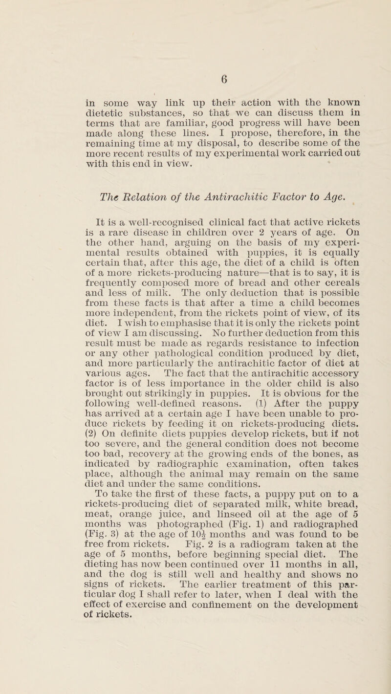 in some way link up their action with the known dietetic substances, so that we can discuss them in terms that are familiar, good progress will have been made along these lines. I propose, therefore, in the remaining time at my disposal, to describe some of the more recent results of my experimental work carried out with this end in view. The Relation of the Antirachitic Factor to Age. It is a well-recognised clinical fact that active rickets is a rare disease in children over 2 years of age. On the other hand, arguing on the basis of my experi¬ mental results obtained with puppies, it is equally certain that, after this age, the diet of a child is often of a more rickets-producing nature—that is to say, it is frequently composed more of bread and other cereals and less of milk. The only deduction that is possible from these facts is that after a time a child becomes more independent, from the rickets point of view, of its diet. I wish to emphasise that it is only the rickets point of view I am discussing. No further deduction from this result must be made as regards resistance to infection or any other pathological condition produced by diet, and more particularly the antirachitic factor of diet at various ages. The fact that the antirachitic accessory factor is of less importance in the older child is also brought out strikingly in puppies. It is obvious for the following well-defined reasons. (1) After the puppy has arrived at a certain age I have been unable to pro¬ duce rickets by feeding it on rickets-producing diets. (2) On definite diets puppies develop rickets, but if not too severe, and the general condition does not become too bad, recovery at the growing ends of the bones, as indicated by radiographic examination, often takes place, although the animal may remain on the same diet and under the same conditions. To take the first of these facts, a puppy put on to a rickets-producing diet of separated milk, white bread, meat, orange juice, and linseed oil at the age of 5 months was photographed (Fig. 1) and radiographed (Fig, 3) at the age of 10J months and was found to be free from rickets. Fig. 2 is a radiogram taken at the age of 5 months, before beginning special diet. The dieting has now been continued over 11 months in all, and the dog is still well and healthy and shows no signs of rickets. The earlier treatment of this par¬ ticular dog I shall refer to later, when I deal with the effect of exercise and confinement on the development of rickets.