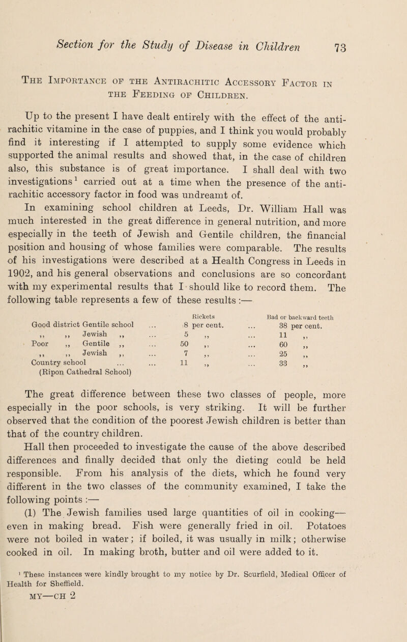 The Importance op the Antirachitic Accessory Factor in the Feeding op Children. Up to the present I have dealt entirely with the effect of the anti¬ rachitic vitamine in the case of puppies, and I think you would probably find it interesting if I attempted to supply some evidence which supported the animal results and showed that, in the case of children also, this substance is of great importance. I shall deal with two investigations1 carried out at a time when the presence of the anti¬ rachitic accessory factor in food was undreamt of. In examining school children at Leeds, Dr. William Hall was much interested in the great difference in general nutrition, and more especially in the teeth of Jewish and Gentile children, the financial position and housing of whose families were comparable. The results of his investigations were described at a Health Congress in Leeds in 1902, and his general observations and conclusions are so concordant with my experimental results that I should like to record them. The following table represents a few of these results :— Good district Gentile school ,, ,, Jewish ,, Poor ,, Gentile ,, ,, ,, Jewish ,, Country school (Ripon Cathedral School) Rickets 8 per cent. 5 50 7 11 3 3 3 3 3 3 3 3 Bad or backward teeth 38 per cent. 11 60 25 33 3 3 3 3 3 3 The great difference between these two classes of people, more especially in the poor schools, is very striking. It will be further observed that the condition of the poorest Jewish children is better than that of the country children. Hall then proceeded to investigate the cause of the above described differences and finally decided that only the dieting could be held responsible. From his analysis of the diets, which he found very different in the two classes of the community examined, I take the following points :— (1) The Jewish families used large quantities of oil in cooking— even in making bread. Fish were generally fried in oil. Potatoes were not boiled in water; if boiled, it was usually in milk; otherwise cooked in oil. In making broth, butter and oil were added to it. 1 These instances were kindly brought to my notice by Dr. Scurfield, Medical Officer of Health for Sheffield. MY—CH 2