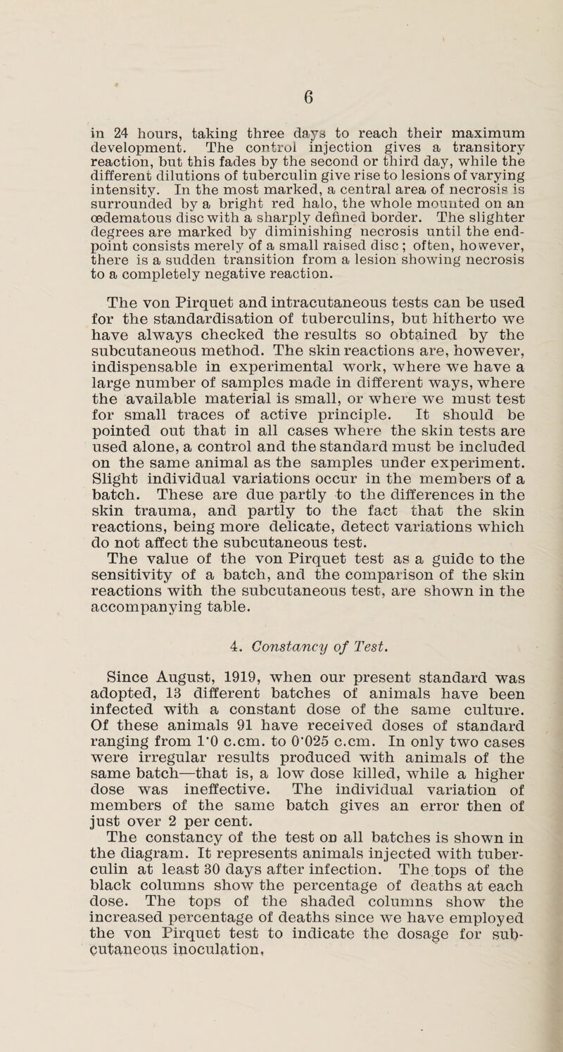 in 24 hours, taking three days to reach their maximum development. The control injection gives a transitory reaction, but this fades by the second or third day, while the different dilutions of tuberculin give rise to lesions of varying intensity. In the most marked, a central area of necrosis is surrounded by a bright red halo, the whole mounted on an oedematous disc with a sharply defined border. The slighter degrees are marked by diminishing necrosis until the end¬ point consists merely of a small raised disc; often, however, there is a sudden transition from a lesion showing necrosis to a completely negative reaction. The von Pirquet and intracntaneons tests can be used for the standardisation of tuberculins, but hitherto we have always checked the results so obtained by the subcutaneous method. The skin reactions are, however, indispensable in experimental work, where we have a large number of samples made in different ways, where the available material is small, or where we must test for small traces of active principle. It should be pointed out that in all cases where the skin tests are used alone, a control and the standard must be included on the same animal as the samples under experiment. Slight individual variations occur in the members of a batch. These are due partly to the differences in the skin trauma, and partly to the fact that the skin reactions, being more delicate, detect variations which do not affect the subcutaneous test. The value of the von Pirquet test as a guide to the sensitivity of a batch, and the comparison of the skin reactions with the subcutaneous test, are shown in the accompanying table. 4. Constancy of Test. Since August, 1919, when our present standard was adopted, 13 different batches of animals have been infected with a constant dose of the same culture. Of these animals 91 have received doses of standard ranging from l'O c.cm. to 0’025 c.cm. In only two cases were irregular results produced with animals of the same batch—that is, a low dose killed, while a higher dose was ineffective. The individual variation of members of the same batch gives an error then of just over 2 per cent. The constancy of the test on all batches is shown in the diagram. It represents animals injected with tuber¬ culin at least 80 days after infection. The tops of the black columns show the percentage of deaths at each dose. The tops of the shaded columns show the increased percentage of deaths since we have employed the von Pirquet test to indicate the dosage for sub¬ cutaneous inoculation,