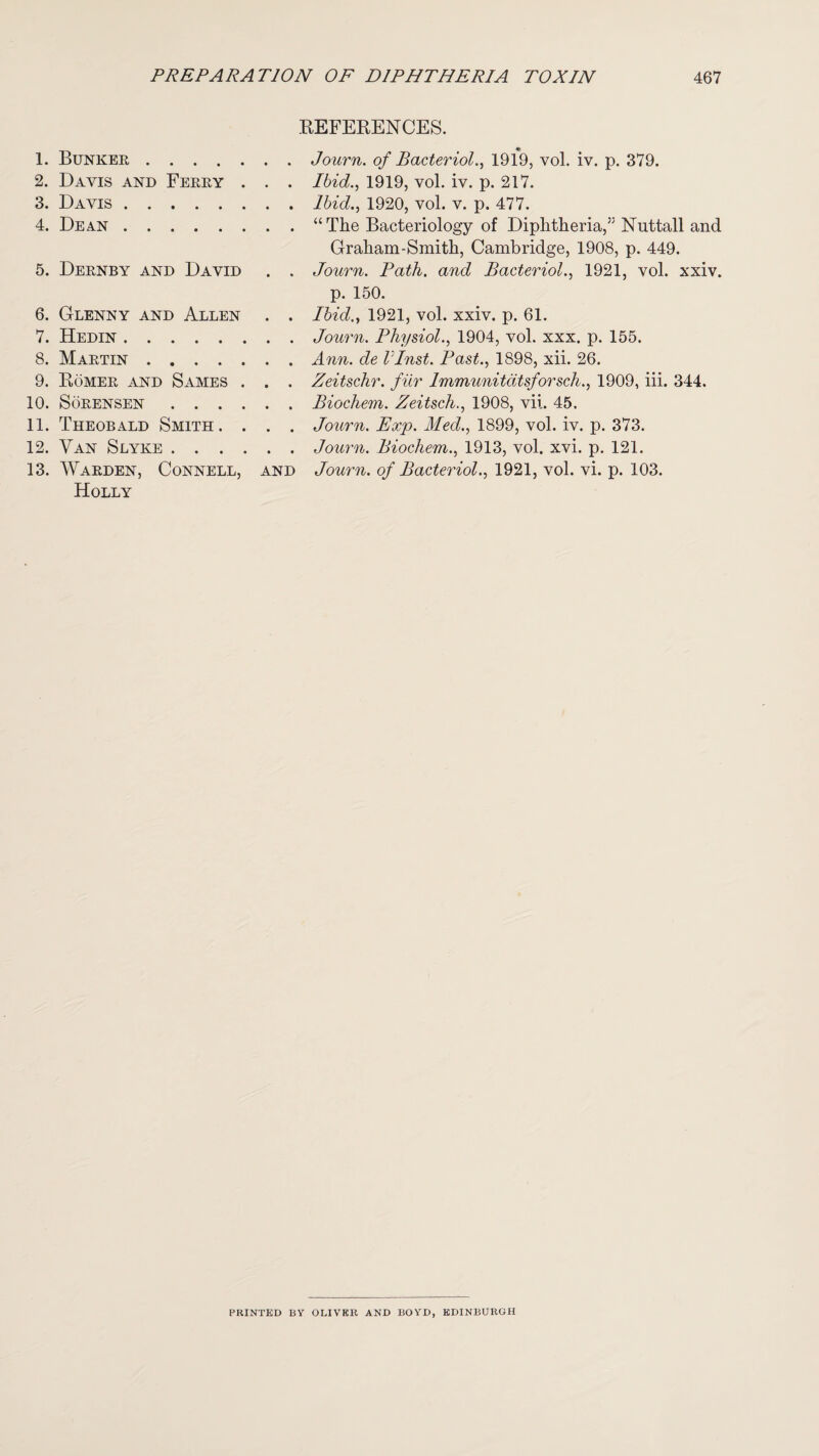 REFERENCES. 1. Bunker.Journ. of Bacteriol., 1919, vol. iv. p. 379. 2. Davis and Ferry . . . Ibid., 1919, vol. iv. p. 217. 3. Davis.Ibid., 1920, vol. v. p. 477. 4. Dean.“ The Bacteriology of Diphtheria,” Nuttall and Graham-Smith, Cambridge, 1908, p. 449. 5. Dernby and David . . Journ. Path, and Bacteriol., 1921, vol. xxiv. p. 150. 6. Glenny and Allen . . Ibid., 1921, vol. xxiv. p. 61. 7. Hedin.Journ. Physiol., 1904, vol. xxx. p. 155. 8. Martin.Ann. de VInst. Past., 1898, xii. 26. 9. Romer and Sames . . . Zeitschr. filr Immunitdtsforsch., 1909, iii. 344. 10. Sorensen.Biochem. Zeitsch., 1908, vii. 45. 11. Theobald Smith. . . . Journ. Exp. Med., 1899, vol. iv. p. 373. 12. Van Slyke.Journ. Biochem., 1913, vol. xvi. p. 121. 13. Warden, Connell, and Journ. of Bacteriol., 1921, vol. vi. p. 103. Holly PRINTED BY OLIVER AND BOYD, EDINBURGH