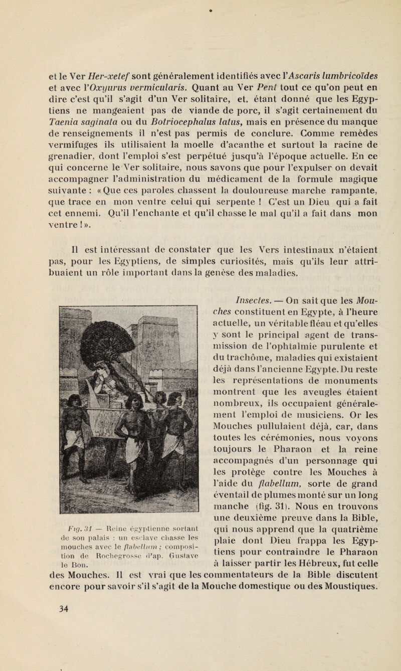 et le Ver Her-xetef sont généralement identifiés avec VAscaris lumbricoïdes et avec YOxyurus vermicularis. Quant au Ver Penl tout ce qu’on peut en dire c’est qu’il s’agit d’un Ver solitaire, et, étant donné que les Egyp¬ tiens ne mangeaient pas de viande de porc, il s’agit certainement du Taenia saginata ou du Botriocephalus latus, mais en présence du manque de renseignements il n’est pas permis de conclure. Gomme remèdes vermifuges ils utilisaient la moelle d’acanthe et surtout la racine de grenadier, dont l’emploi s’est perpétué jusqu’à l’époque actuelle. En ce qui concerne le'Ver solitaire, nous savons que pour l’expulser on devait accompagner l’administration du médicament de la formule magique suivante : « Que ces paroles chassent la douloureuse marche rampante, que trace en mon ventre celui qui serpente ! C’est un Dieu qui a fait cet ennemi. Qu’il l’enchante et qu’il chasse le mal qu’il a fait dans mon ventre!)). Il est intéressant de constater que les Vers intestinaux n’étaient pas, pour les Egyptiens, de simples curiosités, mais qu’ils leur attri¬ buaient un rôle important dans la genèse des maladies. Insectes. — On sait que les Mou¬ ches constituent en Eg3^pte, à l’heure actuelle, un véritable fléau et qu’elles 3' sont le principal agent de trans¬ mission de l’ophtalmie purulente et du trachôme, maladies qui existaient déjà dans l’ancienne Egypte. Du reste les représentations de monuments montrent que les aveugles étaient nombreux, ils occupaient générale¬ ment l’emploi de musiciens. Or les Mouches pullulaient déjà, car, dans toutes les cérémonies, nous voyons toujours le Pharaon et la reine accompagnés d’un personnage qui les protège contre les Mouches à l’aide du flabelliim, sorte de grand éventail de plumes monté sur un long manche (fig. 31). Nous en trouvons une deuxième preuve dans la Bible, qui nous apprend que la quatrième plaie dont Dieu frappa les Egyp¬ tiens pour contraindre le Pharaon à laisser partir les Hébreux, fut celle des Mouches. Il est vrai que les commentateurs de la Bible discutent encore pour savoir s’il s’agit de la Mouche domestique ou des Moustiques. Fig. 31 — Reine égyptienne soi-tanl de son palais : un esclave chasse les mouches avec le ftabidlnni ; composi¬ tion de Rochegrosse d’ap. Gustave le Bon.