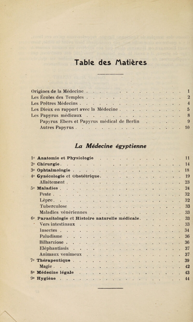 Table des /Matières Origines de la Médecine .... .. . 1 Les Écoles des Temples.2 Les Prêtres Médecins.4 Les Dieux en rapport avec la Médecine.5 Les Papyrus médicaux. 8 Papyrus Ebers et Papyrus médical de Berlin.9 Autres Papyrus.10 La Médecine égyptienne lo Anatomie et Physiologie. 11 2o Chirurgie. 14 3® Ophtalmologie.18 40 Gynécologie et Obstétrique.19 Allaitement.23 Maladies. 24 Peste . . . . '. 32 Lèpre.32 Tuberculose.33 Maladies vénériennes.33 6® Parasitologie et Histoire naturelle médicale.33 ' Vers intestinaux. 33 Insectes. 34 Paludisme.36 Bilharziose. 36 Eléphantiasis.37 Animaux venimeux.37 7» Thérapeutique.39 Magie.42 8® Médecine légale.43 9® Hygiène ... . . 44