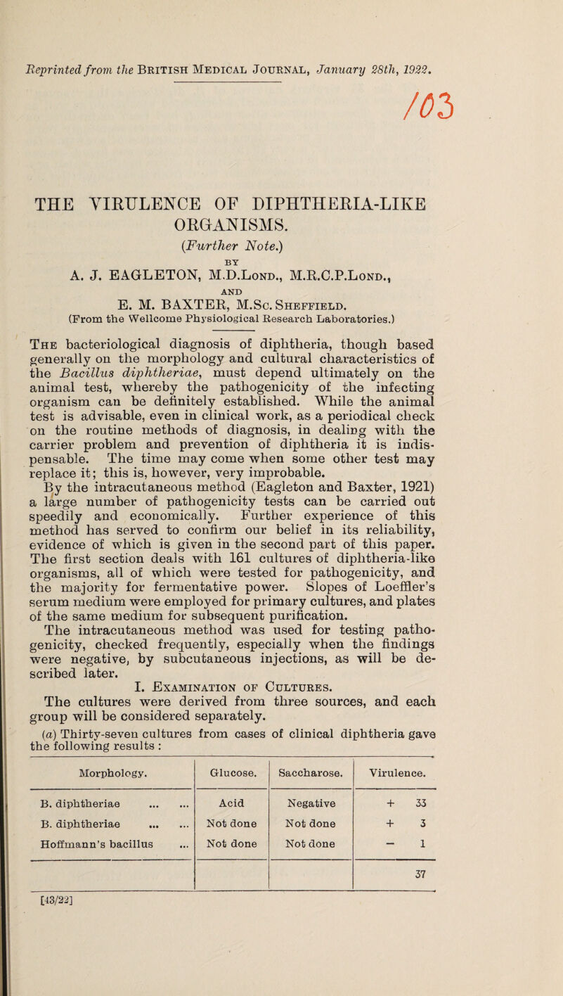 Reprinted from the British Medical Journal, January 28th, 1922. THE VIRULENCE OF DIPHTHERIA-LIKE ORGANISMS. (.Further Note.) BY A. J. EAGLETON, M.D.Lond., M.R.C.P.Lond., AND E. M. BAXTER, M.Sc. Sheffield. (From the Wellcome Physiological Research Laboratories.) The bacteriological diagnosis of diphtheria, though based generally on the morphology and cultural characteristics of the Bacillus diphtheriae, must depend ultimately on the animal test, whereby the pathogenicity of the infecting organism can be definitely established. While the animal test is advisable, even in clinical work, as a periodical check on the routine methods of diagnosis, in dealing with the carrier problem and prevention of diphtheria it is indis¬ pensable. The time may come when some other test may replace it; this is, however, very improbable. By the intracutaneous method (Eagleton and Baxter, 1921) a large number of pathogenicity tests can be carried out speedily and economically. Further experience of this method has served to confirm our belief in its reliability, evidence of which is given in the second part of this paper. The first section deals with 161 cultures of diphtheria-like organisms, all of which were tested for pathogenicity, and the majority for fermentative power. Slopes of Loeffler’s serum medium were employed for primary cultures, and plates of the same medium for subsequent purification. The intracutaneous method was used for testing patho¬ genicity, checked frequently, especially when the findings were negative, by subcutaneous injections, as will be de¬ scribed later. I. Examination of Cultures. The cultures were derived from three sources, and each group will be considered separately. (a) Thirty-seven cultures from cases of clinical diphtheria gave the following results : Morphology. Glucose. Saccharose. Virulence. B. diphtheriae . Acid Negative + 33 B. diphtheriae . Not done Not done + 3 Hoffmann’s bacillus Not done Not done 1 37 £43/22]