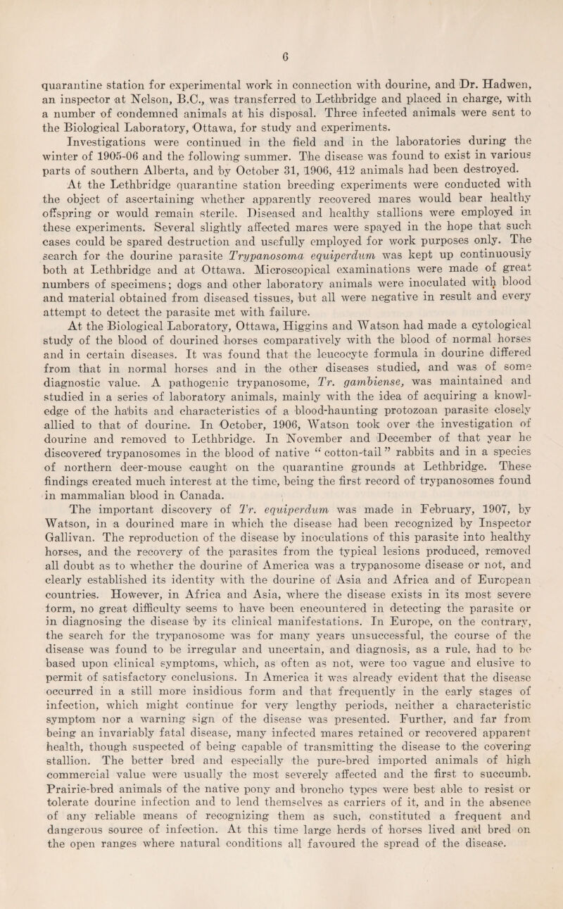 quarantine station for experimental work in connection with dourine, and Dr. Hadwen, an inspector at Nelson, B.C., was transferred to Lethbridge and placed in charge, with a number of condemned animals at his disposal. Three infected animals were sent to the Biological Laboratory, Ottawa, for study and experiments. Investigations were continued in the field and in the laboratories during the winter of 1905-06 and the following summer. The disease was found to exist in various parts of southern Alberta, and by October 31, 1906, 412 animals had been destroyed. At the Lethbridge quarantine station breeding experiments were conducted with the object of ascertaining wdiether apparently recovered mares would bear healthy offspring or would remain sterile. Diseased and healthy stallions wTere employed in these experiments. Several slightly affected mares were spayed in the hope that such cases could be spared destruction and usefully employed for work purposes only. The search for the dourine parasite Trypanosoma equiperdum was kept up continuously both at Lethbridge and at Ottawa. Microscopical examinations were made of great numbers of specimens; dogs and other laboratory animals were inoculated with, blood and material obtained from diseased tissues, but all were negative in result and every attempt to detect the parasite met with failure. At the Biological Laboratory, Ottawa, Higgins and Watson had made a cytological study of the blood of dourined horses comparatively with the blood of normal horses and in certain diseases. It was found that the leucocyte formula in dourine differed from that in normal horses and in the other diseases studied, and was of some diagnostic value. A pathogenic trypanosome, Tr. gambiense, was maintained and studied in a series of laboratory animals, mainly with the idea of acquiring a knowl¬ edge of the habits and characteristics of a blood-haunting protozoan parasite closely allied to that of dourine. In October, 1906, Watson took over the investigation of dourine and removed to Lethbridge. In November and December of that year he discovered! trypanosomes in the blood of native “ cotton-tail ” rabbits and in a species of northern deer-mouse caught on the quarantine grounds at Lethbridge. These finding's created much interest at the time, being the first record of trypanosomes found in mammalian blood in Canada. The important discovery of Tr. equiperdum was made in February, 1907, by Watson, in a dourined mare in which the disease had been recognized by Inspector Gallivan. The reproduction of the disease by inoculations of this parasite into healthy horses, and the recovery of the parasites from the typical lesions produced, removed all doubt as to whether the dourine of America was a trypanosome disease or not, and clearly established its identity with the dourine of Asia and Africa and of European countries. However, in Africa and Asia, where the disease exists in its most severe torm, no great difficulty seems to have been encountered in detecting the parasite or in diagnosing the disease by its clinical manifestations. In Europe, on the contrary, the search for the trypanosome was for many years unsuccessful, the course of the disease was found to be irregular and uncertain, and diagnosis, as a rule, had to be based upon clinical symptoms, which, as often as not, were too vague and elusive to permit of satisfactory conclusions. In America it was already evident that the disease occurred in a still more insidious form and that frequently in the early stages of infection, which might continue for very lengthy periods, neither a characteristic symptom nor a warning sign of the disease was presented. Further, and far from being an invariably fatal disease, many infected mares retained or recovered apparent health, though suspected of being capable of transmitting the disease to the covering stallion. The better bred and especially the pure-bred imported animals of high commercial value were usually the most severely affected and the first to succumb. Prairie-bred animals of the native pony and broncho types were best able to resist or tolerate dourine infection and to lend themselves as carriers of it, and in the absence of any reliable means of recognizing them as such, constituted a frequent and dangerous source of infection. At this time large herds of horses lived and bred on the open ranges where natural conditions all favoured the spread of the disease.