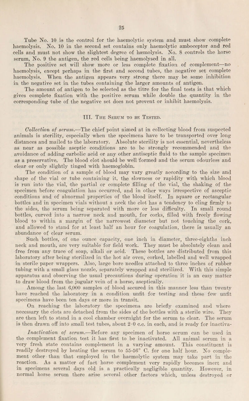 Tube No. 10 is the control for the haemolytic system and must show complete haemolysis. No. 10 in the second set contains only haemolytic amboceptor and red cells and must not show the slightest degree of haemolysis. No. 8 controls the horse serum, No. 9 the antigen, the red cells being haemolysed in all. The positive set will show more or less complete fixation of complement—no haemolysis, except perhaps in the first and second tubes, the negative set complete haemolysis. When Ihe antigen appears very strong there may be some inhibition in the negative set in the tubes containing the larger amounts of antigen. The amount of antigen to be selected as the litre for the final tests is that which gives complete fixation with the positive serum while double the quantity in the corresponding tube of the negative set does not prevent or inhibit haemolysis. III. The Serum to be Tested. Collection of serum.—The chief point aimed at in collecting blood from suspected animals is sterility, especially when the specimens have to be transported over long distances and mailed' to the laboratory. Absolute sterility is not essential, nevertheless as near as possible aseptic conditions are to be strongly recommended and the avoidance of adding carbolic acid or any other antiseptic fluid to the sample specimen as a preservative. The blood clot should be well 'formed and the serum odourless and clear or only slightly tinged with haemoglobin. The condition of a sample of blood may vary greatly according to the size and shape of the vial or tube containing it, the slowness or rapidity with which blood is run into the vial, the partial or complete filling of the vial, the shaking of the specimen before coagulation has occurred, and in other ways irrespective of asceptic conditions and of abnormal properties of the blood itself. In square or rectangular bottles and in specimen vials without a neck the clot has a tendency to cling firmly to the sides, the serum being separated with more or less difficulty. In small round bottles, curved into a narrow neck and mouth, for corks, filled with freely flowing blood to within a margin of the narrowest diameter but not touching the cork, and allowed to stand for at least half an hour for coagulation, there is usually an abundance of clear serum. Such bottles, of one ounce capacity, one inch in diameter, three-eighths inch neck and mouth, are very suitable for field work. They must be absolutely clean and free from any trace of soap, alkali or acid. These bottles are distributed from this laboratory after being sterilized in the hot air oven, corked, labelled and well wrapped in sterile paper wrappers. Also, large bore needles attached to three inches of rubber tubing with a small glass nozzle, separately wrapped and sterilized. With this simple apparatus and observing the usual precautions during operation it is an easy matter to draw blood from the jugular vein of a horse, aseptically. Among the last 6,000 samples of blood secured in this manner less than twenty have reached the laboratory in a condition unfit for testing and these few unfit specimens have been ten days or more in transit. On reaching the laboratory the specimens are briefly examined and where necessary the clots are detached from the sides of the bottles with a sterile wire. They are then left to stand in a cool chamber overnight for the serum to clear. The serum is then drawn off into small test tubes, about 2-0 c.c. in each, and is ready for inactiva- Inactivcition of serum.—Before any specimen of horse serum can be used in the complement fixation test it has first to be inactivated. All animal serum in a very fresh state contains complement in a varying amount. This constituent is readily destroyed by heating the serum to 55-56° C. for one half hour. No comple¬ ment other ■ than that employed in the haemolytic system may take part in the reaction., As a matter of fact horse complement very rapidly becomes inert and in specimens several days old is a practically negligible quantity. However, in normal horse serum there arise several other factors which, unless destroyed or