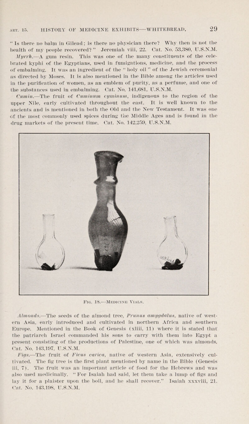 “ Is there no halm in Gilead; is there no physician there? Why then is not the health of my people recovered? ” Jeremiah viii, 22. Cat. No. 53,380, U.S.N.M. Myrrh.—A gum resin. This was one of the many constituents of the cele¬ brated kyplu of the Egyptians, used in fumigations, medicine, and the process of embalming. It was an ingredient of the “ holy oil ” of the Jewish ceremonial as directed by Moses. It is also mentioned in the Bible among the articles used in the purification of women, as an emblem of purity, as a perfume, and one of the substances used in embalming. Cat. No. 141,681, U.S.N.M. Cumin.—The fruit of Cuminum cyminum, indigenous to the region of the upper Nile, early cultivated throughout the east. It is well known to the ancients and is mentioned in both the Old and the New Testament. It was one of the most commonly used spices during the Middle Ages and is found in the drug markets of the present time. Cat. No. 142,259, U.S.N.M. Fig. 18.—Medicine Vials. Almonds.—The seeds of the almond tree, Primus amygdalus, native of west¬ ern Asia, early introduced and cultivated in northern Africa and southern Europe. Mentioned in the Book of Genesis (xliii, 11) where it is stated that the patriarch Israel commanded his sons to carry with them into Egypt a present consisting of the productions of Palestine, one of which was almonds. Cat. No. 143,197, U.S.N.M. Figs.—The fruit of Ficus carica, native of western Asia, extensively cul¬ tivated. The fig tree is the first plant mentioned by name in the Bible (Genesis iii, 7). The fruit was an important article of food for the Hebrews and was also used medicinally. “ For Isaiah had said, let them take a lump of figs and lay it for a plaister upon the boil, and he shall recover.” Isaiah xxxviii, 21. Cat. No. 143,198, U.S.N.M.