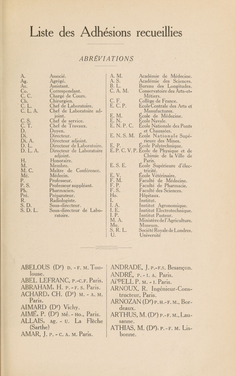 Liste des Adhésions recueillies ABRÉVIATIONS A. Associé. Ag. Agrégé. As. Assistant. Co. Correspondant. c. c. Chargé de Cours. Ch. Chirurgien. C. L. Chef de Laboratoire. C. L. A. Chef de Laboratoire ad¬ joint. C. S. Chef de service. C. T. Chef de Travaux. D. Doyen. Di. Directeur. Di. A. Directeur adjoint. D. L. Directeur de Laboratoire. D. L. A. Directeur de Laboratoire adjoint. H. Honoraire. M. Membre. M. C. Maître de Conférence. Me. Médecin. P. Professeur. P. S. Professeur suppléant. Ph. Pharmacien. Pré. Préparateur. R. Radiologiste. S. D. Sous-directeur. S. D. L. Sous-directeur de Labo¬ ratoire. A. M. Académie de Médecine. A. S. Académie des Sciences. B. L. Bureau des Longitudes. C. A. M. Conservatoire des Àrts-et- Métiers. C. F. Collège de France. E. C. P. Ecole Centrale des Arts et Manufactures. E. M. Ecole de Médecine. E. N. Ecole Navale. E. N. P. C. Ecole Nationale des Ponts et Chaussées. E. N. S. M. Ecole Nationale Supé¬ rieure des Mines. E. P. Ecole Polytechnique. E. P. C. V. P. Ecole de Physique et de Chimie de la Ville de Paris. E. S. E. Ecole Supérieure d’élec¬ tricité. E. V. Ecole Vétérinaire. F. M. Faculté de Médecine. F. P. Faculté de Pharmacie. F. S. Faculté des Sciences. Ho. Hôpitaux. I. Institut. LA. Institut Agronomique. I. E. Institut Electrotechnique. LP. Institut Pasteur. M. A. Ministère de P Agriculture. Mu. Muséum. S. R. L. Société Royale de Londres. U. Université ABELOUS (Dr) d. - f. m. Tou- louse. ABEL LEFRANC, p.-c.f. Paris. ABRAHAM, H. p.-f. s. Pans. ACHARD, CH. (Dr) m. - a. m. PdflS AIMARD (Dr) Vichy. AIMÉ, P. (Dr) Me. - Ho., Pans. ALLAIS, Ag. - U. La Flèche (Sarthe) AMAR, J. p. - c. a. m. Paris. ANDRADE, J. P.-F.S. Besançon. ANDRÉ, P. - I. A. Paris. APPELE P. M. - h Pans. ARNOUX, R. Ingénieur-Cons¬ tructeur, Pans. ARNOZAN (Dr) p. h.-f. m., Bor- dcdux ARTHUS, M. (Dr) p.-f. m., Lau- sanne. ATHIAS, M. (DO, p.-f. m. Lis- bonne.