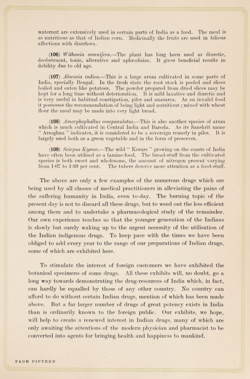 waternut are extensively used in certain parts of India as a food. The meal is as nutritious as that of Indian corn. Medicinally the fruits are used in bilious affections with diarrhoea. (106) Withania somnifera.—The plant has long been used as diuretic, deobstruent, tonic, alterative and aphrodisiac. It gives beneficial results in debility due to old age. (107) Alocasia indica.—This is a large arum cultivated in some parts of India, specially Bengal. In the fresh state the root stock is peeled and slices boiled and eaten like potatoes. The powder prepared from dried slices may be kept for a long time without deterioration. It is mild laxative and diuretic and is very useful in habitual constipation, piles and anasarca. As an invalid food it possesses the recommendation of being light and nutritious ; mixed with wheat flour the meal may be made into very light bread. (108) Amorphophallus companulatus.—This is also another species of arum which is much cultivated in Central India and Baroda. As its Sanskrit name “ Arsoghna ” indicates, it is considered to be a sovereign remedy in piles. It is largely used both as a green vegetable and in the form of preserves. (109) Scirpus Kysoor.—The wild “ Kesurs ” growing on the coasts of India have often been utilised as a famine-food. The bread-stuff from the cultivated species is both sweet and wholesome, the amount of nitrogen present varying from 1-07 to 1*89 per cent. The tubers deserve more attention as a food-stuff. The above are only a few examples of the numerous drugs which are being used by all classes of medical practitioners in alleviating the pains of the suffering humanity in India, even to-day. The burning topic of the present day is not to discard all these drugs, but to weed out the less efficient among them and to undertake a pharmacological study of the remainder. Our own experience teaches us that the younger generation of the Indians is slowly but surely waking up to the urgent necessity of the utilisation of the Indian indigenous drugs. To keep pace with the times we have been obliged to add every year to the range of our preparations of Indian drugs, some of which are exhibited here. To stimulate the interest of foreign customers we have exhibited the botanical specimens of some drugs. All these exhibits will, no doubt, go a long way towards demonstrating the drug-resources of India which, in fact, can hardly be equalled by those of any other country. No country can afford to do without certain Indian drugs, mention of which has been made above. But a far larger number of drugs of great potency exists in India than is ordinarily known to the foreign public. Our exhibits, we hope, will help to create a renewed interest in Indian drugs, many of which are only awaiting the attentions of the modern physician and pharmacist to be converted into agents for bringing health and happiness to mankind.
