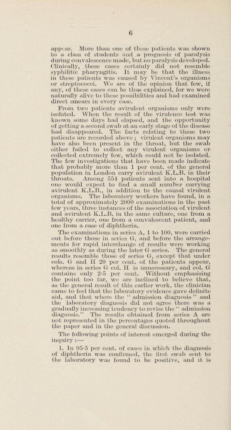 appear. More than one of these patients was shown to a class of students and a prognosis of paralysis during convalescence made, but no paralysis developed. Clinically, these cases certainly did not resemble syphilitic pharyngitis. It may be that the illness in these patients was caused by Vincent’s organisms or streptococci. We are of the opinion that few, if any, of these cases can be thus explained, for we were naturally alive to these possibilities and had examined direct smears in every case. From two patients avirulent organisms only were isolated. When the result of the virulence test was known some days had elapsed, and the opportunity of getting a second swab at an early stage of the disease had disappeared. The facts relating to these two patients are recorded above ; virulent organisms may have also been present in the throat, but the swab either failed to collect any virulent organisms or collected extremely few, which could not be isolated. The few investigations that have been made indicate that probably more than 1 per cent, of the general population in London carry avirulent K.L.B. in their throats. Among 554 patients sent into a hospital one would expect to find a small number carrying avirulent K.L.B., in addition to the causal virulent organisms. The laboratory workers have found, in a total of approximately 2000 examinations in the past few years, three instances of the association of virulent and avirulent K.L.B. in the same culture, one from a healthy carrier, one from a convalescent patient, and one from a case of diphtheria. The examinations in series A, 1 to 100, were carried out before those in series Gr, and before the arrange¬ ments for rapid interchange of results were working as smoothly as during the later Gi series. The general results resemble those of series Gr, except that under cols. Gr and H 20 per cent, of the patients appear, whereas in series Gr col. H is unnecessary, and col. Gf contains only 2-5 per cent. Without emphasising the point too far, we are inclined to believe that, as the general result of this earlier work, the clinician came to feel that the laboratory evidence gave definite aid, and that where the “ admission diagnosis ” and the laboratory diagnosis did not agree there was a gradually increasing tendency to revise the ‘ ‘ admission diagnosis.” The results obtained from series A are not represented in the percentages quoted throughout the paper and in the general discussion. The following points of interest emerged during the inquiry :— 1. In 95-5 per cent, of cases in which the diagnosis of diphtheria was confirmed, the first swab sent to the laboratory was found to be positive, and it is