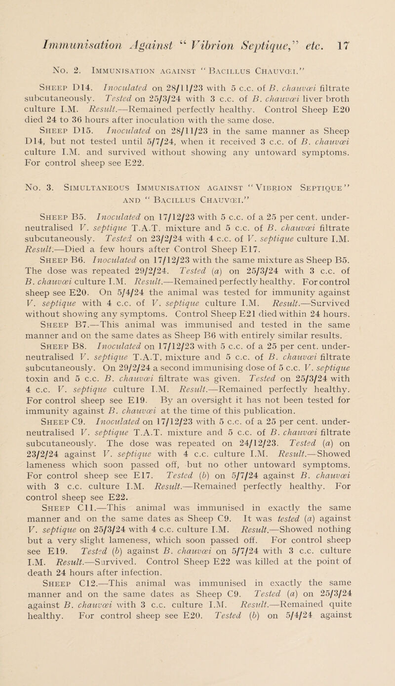 No. 2. Immunisation against “ Bacillus Chauvqh.” Sheep D14. Inoculated on 28/11/23 with 5 c.c. of B. chauvcei filtrate subcutaneously. Tested on 25/3/24 with 3 c.c. of B. chauvoei liver broth culture I.M. Result.—Remained perfectly healthy. Control Sheep E20 died 24 to 36 hours after inoculation with the same dose. Sheep D15. Inoculated on 28/11/23 in the same manner as Sheep D14, but not tested until 5/7/24, when it received 3 c.c. of B. chauvoei culture I.M. and survived without showing any untoward symptoms. For control sheep see E22. No. 3. Simultaneous Immunisation against “Vibrion Septique” and “ Bacillus Chau van.” Sheep B5. Inoculated on 17/12/23 with 5 c.c. of a 25 per cent, under¬ neutralised V. septique T.A.T. mixture and 5 c.c. of B. chauvoei filtrate subcutaneously. Tested on 23/2/24 with 4 c.c. of V. septique culture I.M. Result.—Died a few hours after Control Sheep El7. Sheep B6. Inoculated on 17/12/23 with the same mixture as Sheep B5. The dose was repeated 29/2/24. Tested (a) on 25/3/24 with 3 c.c. of B. chauvoei culture I.M. Result.—Remained perfectly healthy. For control sheep see E20. On 5/4/24 the animal was tested for immunity against V. septique with 4 c.c. of V. septique culture I.M. Result.—Survived without showing any symptoms. Control Sheep E21 died within 24 hours. Sheep B7.—This animal was immunised and tested in the same manner and on the same dates as Sheep B6 with entirely similar results. Sheep B8. Inoculated on 17/12/23 with 5 c.c. of a 25 per cent, under¬ neutralised V. septique T.A.T. mixture and 5 c.c. of B. chauvoei filtrate subcutaneously. On 29/2/24 a second immunising dose of 5 c.c. V. septique toxin and 5 c.c. B. chauvoei filtrate was given. Tested on 25/3/24 with 4 c.c. V. septique culture I.M. Result.—Remained perfectly healthy. For control sheep see El9. R>y an oversight it has not been tested for immunity against B. chauvoei at the time of this publication. Sheep C9. Inoculated on 17/12/23 with 5 c.c. of a 25 per cent, under¬ neutralised V. septique T.A.T. mixture and 5 c.c. of B. chauvoei filtrate subcutaneously. The dose was repeated on 24/12/23. Tested (a) on 23/2/24 against V. septique with 4 c.c. culture I.M. Result.—Showed lameness which soon passed off, but no other untoward symptoms. For control sheep see E17. Tested (b) on 5/7/24 against B. chauvcei with 3 c.c. culture I.M. Result.—Remained perfectly healthy. For control sheep see E22. Sheep Cll.—This animal was immunised in exactly the same manner and on the same dates as Sheep C9. It vcas tested (a) against V. septique on 25/3/24 with 4 c.c. culture I.M. Result.—Showed nothing but a very slight lameness, which soon passed off. For control sheep see El9. Tested (b) against B. chauvoei on 5/7/24 with 3 c.c. culture I.M. Result.—Survived. Control Sheep E22 was killed at the point of death 24 hours after infection. Sheep C12.—This animal was immunised in exactly the same manner and on the same dates as Sheep C9. Tested (a) on 25/3/24 against B. chauvoei with 3 c.c. culture I.M. Result.—Remained quite healthy. For control sheep see E20. Tested (b) on 5/4/24 against