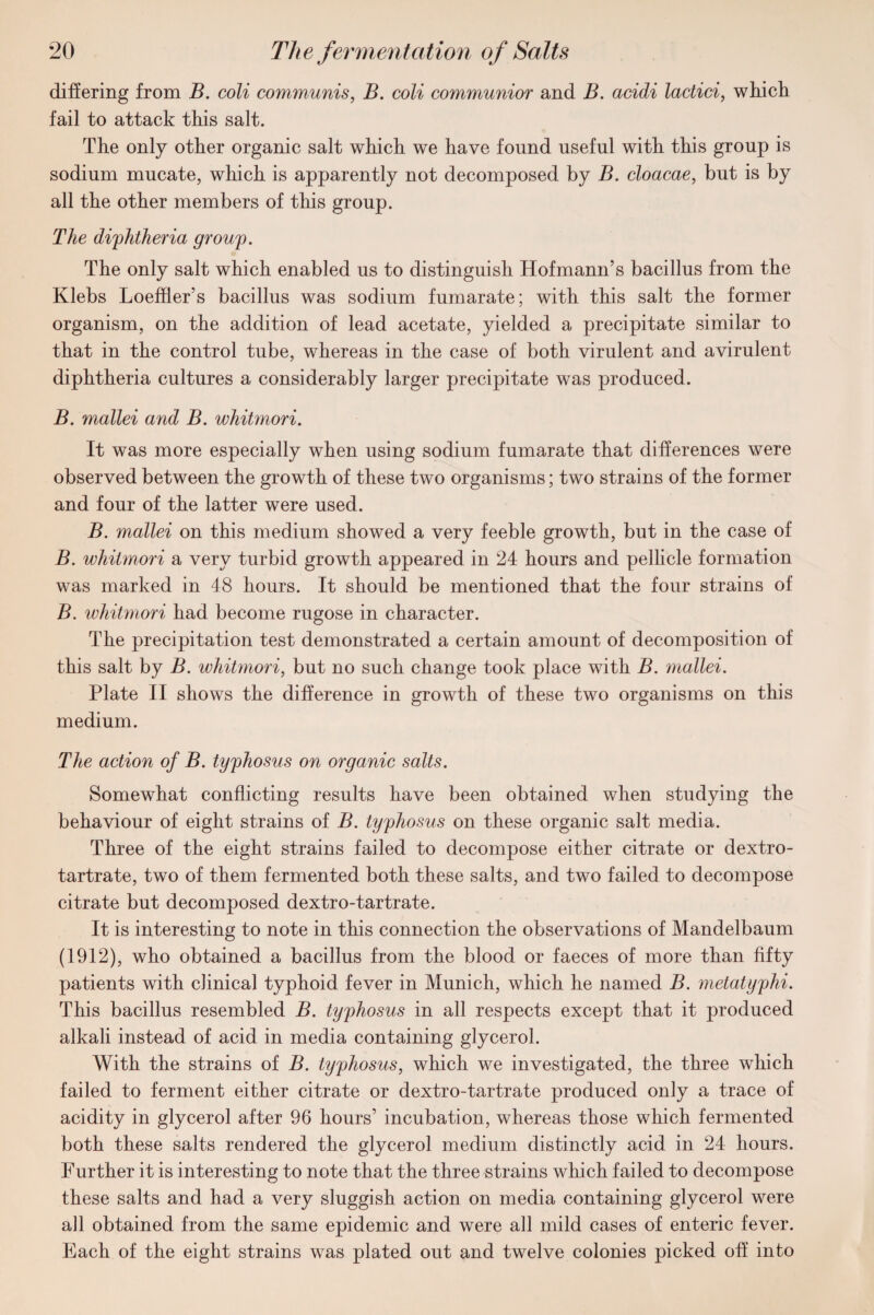 differing from B. coli communis, B. coli communior and B. acidi lactici, which fail to attack this salt. The only other organic salt which we have found useful with this group is sodium mucate, which is apparently not decomposed by B. cloacae, but is by all the other members of this group. The diphtheria group. The only salt which enabled us to distinguish Hofmann’s bacillus from the Klebs Loeffler’s bacillus was sodium fumarate; with this salt the former organism, on the addition of lead acetate, yielded a precipitate similar to that in the control tube, whereas in the case of both virulent and avirulent diphtheria cultures a considerably larger precipitate was produced. B. mallei and B. whitmori. It was more especially when using sodium fumarate that differences were observed between the growth of these two organisms; two strains of the former and four of the latter were used. B. mallei on this medium showed a very feeble growth, but in the case of B. whitmori a very turbid growth appeared in 24 hours and pellicle formation was marked in 48 hours. It should be mentioned that the four strains of B. whitmori had become rugose in character. The precipitation test demonstrated a certain amount of decomposition of this salt by B. whitmori, but no such change took place with B. mallei. Plate II shows the difference in growth of these two organisms on this medium. The action of B. typhosus on organic salts. Somewhat conflicting results have been obtained when studying the behaviour of eight strains of B. typhosus on these organic salt media. Three of the eight strains failed to decompose either citrate or dextro- tartrate, two of them fermented both these salts, and two failed to decompose citrate but decomposed dextro-tartrate. It is interesting to note in this connection the observations of Mandelbaum (1912), who obtained a bacillus from the blood or faeces of more than fifty patients with clinical typhoid fever in Munich, which he named B. metatyphi. This bacillus resembled B. typhosus in all respects except that it produced alkali instead of acid in media containing glycerol. With the strains of B. typhosus, which we investigated, the three which failed to ferment either citrate or dextro-tartrate produced only a trace of acidity in glycerol after 96 hours’ incubation, whereas those which fermented both these salts rendered the glycerol medium distinctly acid in 24 hours. Further it is interesting to note that the three strains which failed to decompose these salts and had a very sluggish action on media containing glycerol were all obtained from the same epidemic and were all mild cases of enteric fever. Each of the eight strains was plated out and twelve colonies picked off into