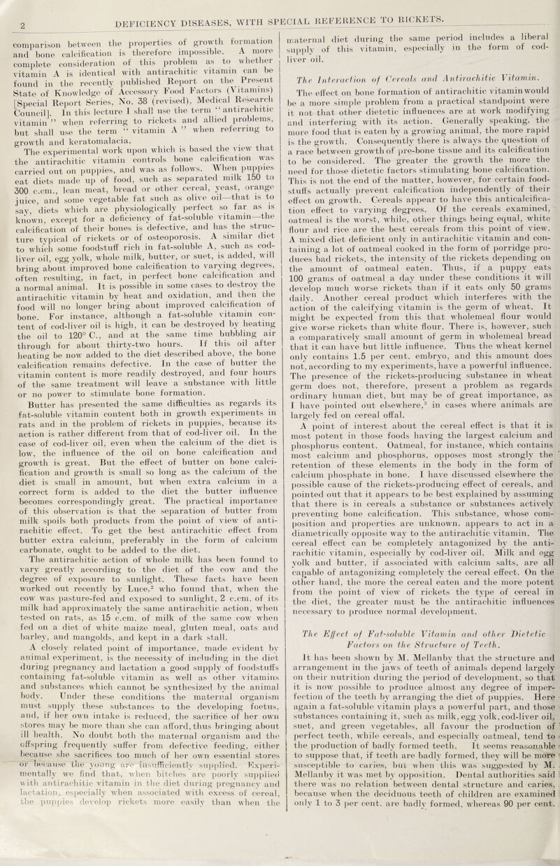 comparison between the properties of growth formation and bone calcification is therefore impossible. A more complete consideration of this problem as to whether vitamin A is identical with antirachitic vitamin can be found in the recently published Report on the Present State of Knowledge of Accessory Food Factors (Vitamins) [Special Report Series, No. 38 (revised), Medical Research Council]. In this lecture I shall use the term “ antirachitic vitamin ” when referring to rickets and allied problems, but shall use the term “ vitamin A ” when referring to growth and keratomalacia. The experimental work upon which is based the view that the antirachitic vitamin controls bone calcification was carried out on puppies, and was as follows. When puppies eat diets made up of food, such as separated milk 150 to 300 c.cm., lean meat, bread or other cereal, yeast, orange juice, and some vegetable fat such as olive oil—that is to say, diets which are physiologically perfect so far as is known, except for a deficiency of fat-soluble vitamin the calcification of their bones is defective, and has the struc¬ ture typical of rickets or of osteoporosis. A similar diet to which some foodstuff rich in fat-soluble A, such as cod- liver oil, egg yolk, whole milk, butter, or suet, is added, will bring about improved bone calcification to varying degrees, often resulting, in fact, in perfect bone calcification and a normal animal. It is possible in some cases to destroy the antirachitic vitamin by heat and oxidation, and then the food will no longer bring about improved calcification of bone. For instance, although a fat-soluble vitamin con¬ tent of cod-liver oil is high, it can be destroyed by heating the oil to 120° C., and at the same time bubbling air through for about thirty-two hours. If this oil after heating be now added to the diet described above, the bone calcification remains defective. In the case of butter the vitamin content is more readily destroyed, and four hours of the same treatment will leave a substance with little or no power to stimulate bone formation. Butter has presented the same difficulties as regards its fat-soluble vitamin content both in growth experiments in rats and in the problem of rickets in puppies, because its action is rather different from that of cod-liver oil. In the case of cod-liver oil, even when the calcium of the diet is low, the influence of the oil on bone calcification and growth is great. But the effect of butter on bone calci¬ fication and growth is small so long as the calcium of the diet is small in amount, but when extra calcium in a correct form is added to the diet the butter influence becomes correspondingly great. The practical importance of this observation is that the separation of butter from milk spoils both products from the point of view of anti¬ rachitic effect. To get the best antirachitic effect from butter extra calcium, preferably in the form of calcium carbonate, ought to be added to the diet. The antirachitic action of whole milk has been found to vary greatly according to the diet of the cow and the degree of exposure to sunlight. These facts have been worked out recently by Luce,2 who found that, when the cow was pasture-fed and exposed to sunlight, 2 c.cm. of its milk had approximately the same antirachitic action, when tested on rats, as' 15 c.cm. of milk of the same cow when fed on a diet of white maize meal, gluten meal, oats and barley, and mangolds, and kept in a dark stall. A closely related point of importance, made evident by animal experiment, is the necessity of including in the diet during pregnancy and lactation a good supply of foodstuffs containing fat-soluble vitamin as well as other vitamins and substances which cannot be synthesized by the animal body. Under these conditions the maternal organism must supply these substances to the developing foetus, and, if her own intake is reduced, the sacrifice of her own stores may be more than she can afford, thus bringing about ill health. No doubt both the maternal organism and the offspring frequently suffer from defective feeding, either because she sacrifices too much of her own essential stores or uec'ause the young are insufficiently supplied. Experi¬ mentally we find that, when bitches are poorly supplied with antirachitic vitamin in the diet during pregnancy and lactation, especially when associated with excess of cereal, maternal diet during the same period includes a liberal supply of this vitamin, especially in the form of cod- liver oil. The Interaction of Cereals and Antirachitic Vitamin. The effect on bone formation of antirachitic vitamin would be a more simple problem from a practical standpoint were it not that other dietetic influences are at work modifying and interfering with its action. Generally speaking, the more food that is eaten by a growing animal, the more rapid is the growth. Consequently there is always the question of a race between growth of pre-bone tissue and its calcification to be considered. The greater the growth the more the need for those dietetic factors stimulating bone calcification. This is not the end of the matter, however, for certain food¬ stuffs actually prevent calcification independently of their effect on growth. Cereals appear to have this anticalcifica¬ tion effect to varying degj-ees. Of the cereals examined, oatmeal is the worst, while, other things being equal, white flour and rice are the best cereals from this point of view. A mixed diet deficient only in antirachitic vitamin and con¬ taining a lot of oatmeal cooked in the form of porridge pro¬ duces bad rickets, the intensity of the rickets depending on the amount of oatmeal eaten. Thus, if a puppy eats 100 grams of oatmeal a day under these conditions it will develop much worse rickets than if it eats only 50 grams daily. Another cereal product which interferes with the action of the calcifying vitamin is the germ of wheat. It might be expected from this that wholemeal flour would give worse rickets than white flour. There is, however, such a comparatively small amount of germ in wholemeal bread that it can have but little influence. Thus the wheat kernel only contains 1.5 per cent, embryo, and this amount does not, according to my experiments, have a powerful influence. The presence of the rickets-producing substance in wheat germ does not, therefore, present a problem as regards ordinary human diet, but may be of great importance, as I have pointed out elsewhere,3 in cases where animals are largely fed on cereal offal. A point of interest about the cereal effect is that it is most potent in those foods having the largest calcium and phosphorus content. Oatmeal, for instance, which contains most calcium and phosphorus, opposes most strongly the retention of these elements in the body in the form of calcium phosphate in bone. I have discussed elsewhere the possible cause of the rickets-producing effect of cereals, and pointed out that it appears to be best explained by assuming that there is in cereals a substance or substances actively preventing bone calcification. This substance, whose com¬ position and properties are unknown, appears to act in a diametrically opposite way to the antirachitic vitamin. The cereal effect can be completely antagonized by the anti¬ rachitic vitamin, especially b}r cod-liver oil. Milk and egg yolk and butter, if associated with calcium salts, are all capable of antagonizing completely the cereal effect. On the other hand, the more the cereal eaten and the more potent from the point of view of rickets the type of cereal in the diet, the greater must be the antirachitic influences necessary to produce normal development. The Effect of Fat-soluble Vitamin and other Dietetic Factors on the Structure of Teeth. It has been shown by M. Mellanby that the structure and arrangement in the jaws of teeth of animals depend largely on their nutrition during the period of development, so that it is now possible to produce almost any degree of imper¬ fection of tbe teeth by arranging the diet of puppies. Here again a fat-soluble vitamin plays a powerful part, and those substances containing it, such as milk, egg yolk, cod-liver oil, suet, and green vegetables, all favour the production of perfect teeth, while cereals, and especially oatmeal, tend to the production of badly formed teeth. It seems reasonable to suppose that, if teeth are badly formed, they will be more susceptible to caries, but when this was suggested by M. Mellanby it wras met by opposition. Dental authorities said there was no relation between dental structure and caries, because when the deciduous teeth of children are examined