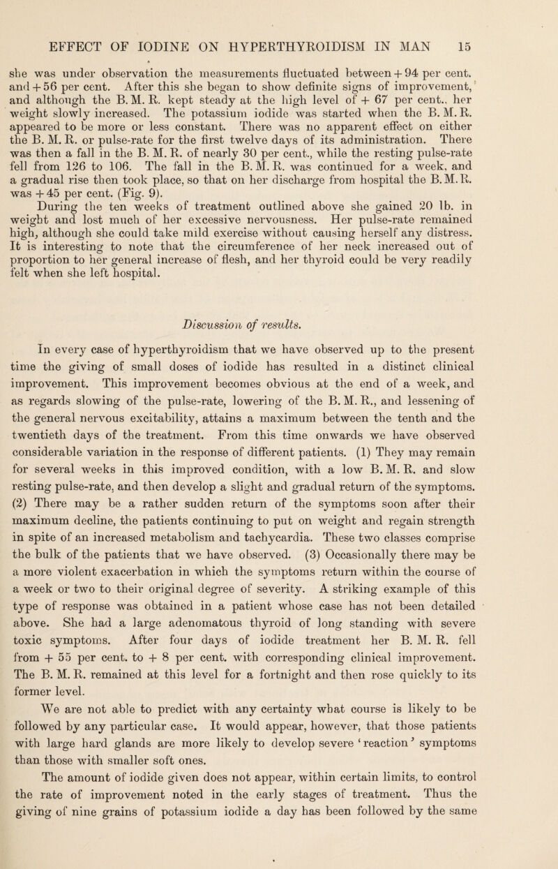 she was under observation the measurements fluctuated between + 94 per cent, and + 56 per cent. After this she began to show definite signs of improvement, and although the B. M. R. kept steady at the high level of + 67 per cent., her weight slowly increased. The potassium iodide was started when the B. M. R. appeared to be more or less constant. There was no apparent effect on either the B. M. R. or pulse-rate for the first twelve days of its administration. There was then a fall in the B. M. R. of nearly 30 per cent., while the resting pulse-rate fell from 126 to 106. The fall in the B. M. R. was continued for a week, and a gradual rise then took place, so that on her discharge from hospital the B. M.R. was +45 per cent. (Fig. 9). During the ten weeks of treatment outlined above she gained 20 lb. in weight and lost much of her excessive nervousness. Her pulse-rate remained high, although she could take mild exercise without causing herself any distress. It is interesting to note that the circumference of her neck increased out of proportion to her general increase of flesh, and her thyroid could be very readily felt when she left hospital. Discussion of results. In every case of hyperthyroidism that we have observed up to the present time the giving of small doses of iodide has resulted in a distinct clinical improvement. This improvement becomes obvious at the end of a week, and as regards slowing of the pulse-rate, lowering of the B. M. R., and lessening of the general nervous excitability, attains a maximum between the tenth and the twentieth days of the treatment. From this time onwards we have observed considerable variation in the response of different patients. (1) They may remain for several weeks in this improved condition, with a low B. M. R. and slow resting pulse-rate, and then develop a slight and gradual return of the symptoms. (2) There may be a rather sudden return of the symptoms soon after their maximum decline, the patients continuing to put on weight and regain strength in spite of an increased metabolism and tachycardia. These two classes comprise the bulk of the patients that we have observed. (3) Occasionally there may be a more violent exacerbation in which the symptoms return within the course of a week or two to their original degree of severity. A striking example of this type of response was obtained in a patient whose case has not been detailed above. She had a large adenomatous thyroid of long standing with severe toxic symptoms. After four days of iodide treatment her B. M. R. fell from + 55 per cent, to + 8 per cent, with corresponding clinical improvement. The B. M. R. remained at this level for a fortnight and then rose quickly to its former level. We are not able to predict with any certainty what course is likely to be followed by any particular case. It would appear, however, that those patients with large hard glands are more likely to develop severe * reaction3 symptoms than those with smaller soft ones. The amount of iodide given does not appear, within certain limits, to control the rate of improvement noted in the early stages of treatment. Thus the giving of nine grains of potassium iodide a day has been followed by the same