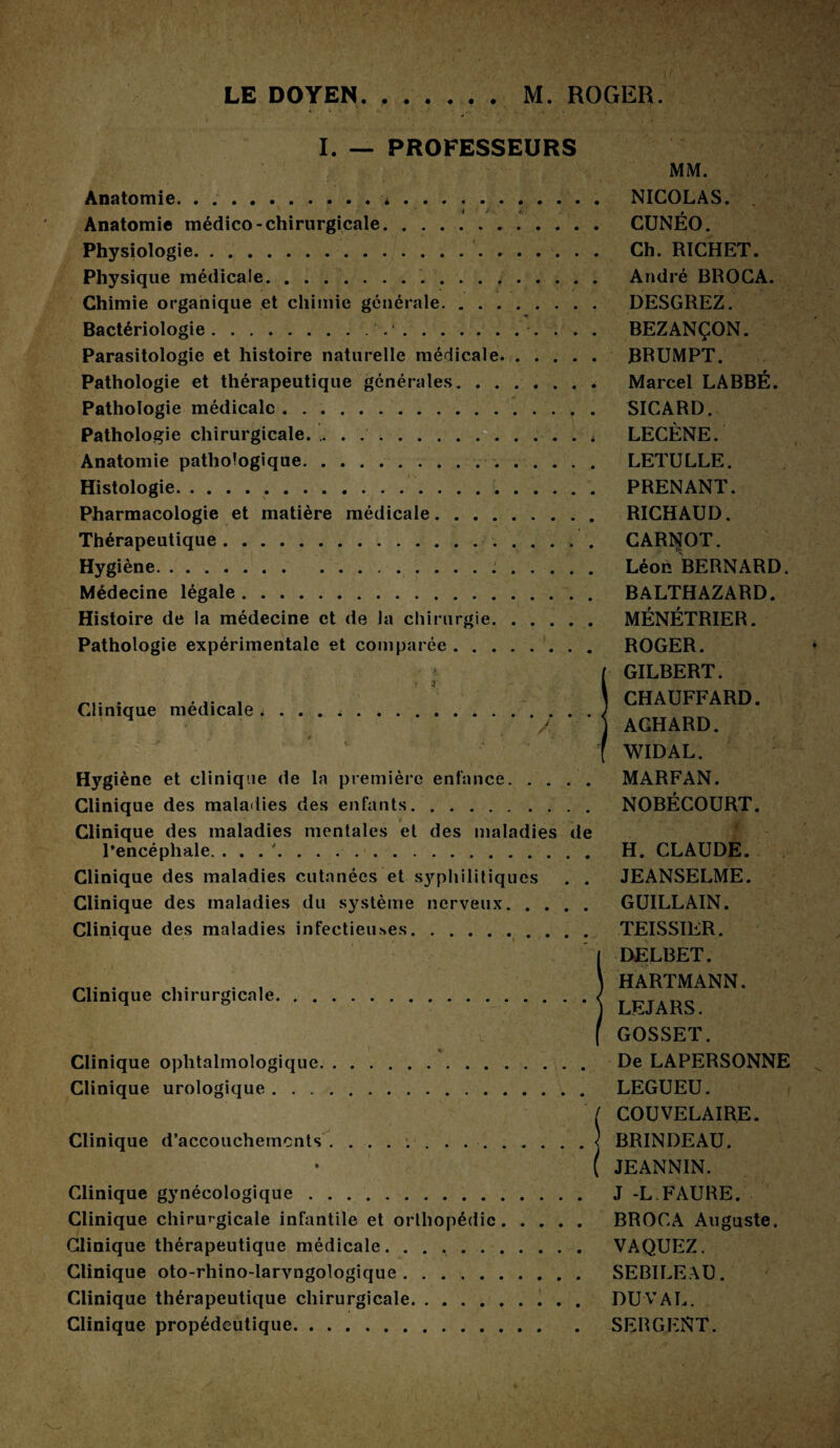 LE DOYEN M. ROGER. . ' • ' Y‘ S’/ I. — PROFESSEURS MM. Anatomie. . ... *. NICOLAS. i /. «! , Anatomie médico-chirurgicale. CUNEO. Physiologie.. Ch. RICHET. Physique médicale. .. André BROCA. Chimie organique et chimie générale. DESGREZ. Bactériologie.... BEZANÇON. Parasitologie et histoire naturelle médicale. JBRUMPT. Pathologie et thérapeutique générales. Marcel LABBÉ. Pathologie médicale.. SICARD. Pathologie chirurgicale. .. . ..* LECÈNE. Anatomie pathologique.. .. LETULLE. Histologie.f.. PRENANT. Pharmacologie et matière médicale. RICHAUD. Thérapeutique.. CARNOT. Hygiène..... Léon BERNARD. Médecine légale. BALTHAZARD. Histoire de la médecine et de la chirurgie. MÉNÉTRIER. Pathologie expérimentale et comparée. ROGER. GILBERT. CHAUFFARD. AGHARD. WIDAL. Hygiène et clinique de la première enfance. MARFAN. Clinique des maladies des enfants. NOBÉCOURT. t - 1 ' mb Ski| • ■ 'ir, ■ Clinique des maladies mentales et des maladies de l’encéphale. . . . '. H. CLAUDE. Clinique des maladies cutanées et sy^pliilitiques . . JEANSELME. Clinique des maladies du système nerveux. GUILLAIN. Clinique des maladies infectieuses. TEISSIER. Clinique médicale Clinique chirurgicale.. ~ v - •• l >■ x Clinique ophtalmologique. Clinique urologique. Clinique d’accouchemcnts.. • Clinique gynécologique. Clinique chirurgicale infantile et orthopédie. Clinique thérapeutique médicale. Clinique oto-rhino-larvngologique. Clinique thérapeutique chirurgicale. Clinique propédeutique. IDELBET. HARTMANN. LEJARS. GOSSET. De LAPERSONNE LEGUEU. ( COUVELAIRE. ) BRINDEAU. ( JEANNIN. J -L FAURE. BROCA Auguste. VAQUEZ. SEBILEAU. DU-VAL. SERGENT.