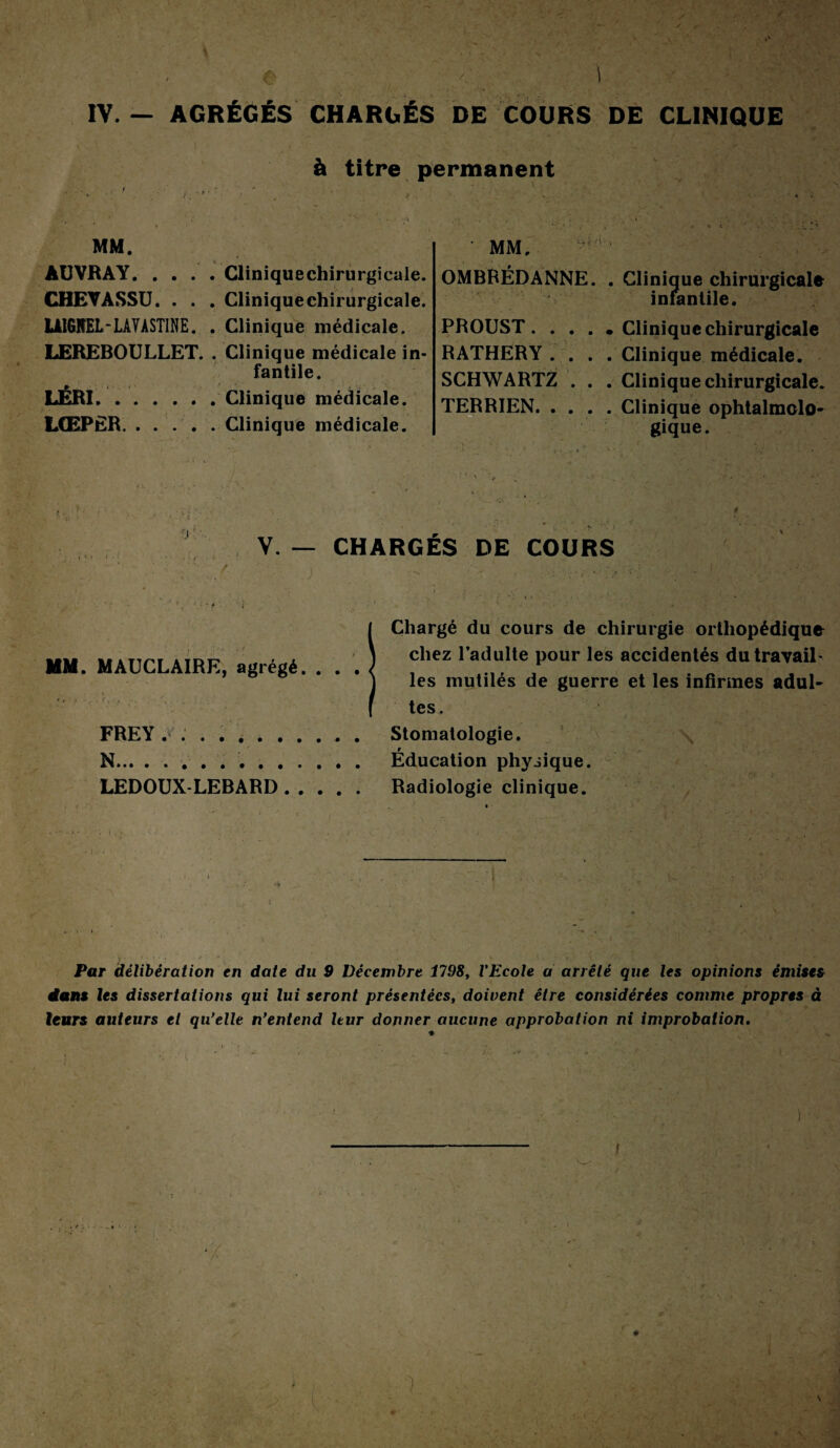 r •• ~ - r . i- '/ \ ■ ■ ■ % ' t < \ '■■■ ?«'■ -•'T* IV. — AGRÉGÉS CHARGÉS DE COURS DE CLINIQUE à titre permanent \ . . MM. AUVRAY.Cliniquechirurgicale. CHEVASSU. . . . Cliniquechirurgicale. U1GREL - LA V À STI N E. . Clinique médicale. LEREBOULLET. . Clinique médicale in¬ fantile. LÉRI.Clinique médicale. LŒPER. ..... Clinique médicale. • MM, OMBRÉDANNE. . Clinique chirurgicale infantile. PROUST.Cliniquechirurgicale RATHERY . . . . Clinique médicale. SCHWARTZ . . . Cliniquechirurgicale. Clinique ophtalmolo¬ gique. TERRIEN V. — CHARGÉS DE COURS •> . f MM. MAUCLAIRE, agrégé. . . . FREY . . . .. N.. LEDOUX-LEBARD. Chargé du cours de chirurgie orthopédique chez l’adulte pour les accidentés du travail¬ les mutilés de guerre et les infirmes adul¬ tes. Stomatologie. f Education physique. Radiologie clinique. Par délibération en date du 9 Décembre 1798, l'Ecole a arrêté que les opinions émises dans les dissertations qui lui seront présentées, doivent être considérées comme propres à leurs auteurs et qu'elle n'entend leur donner aucune approbation ni improbation. a 1 '