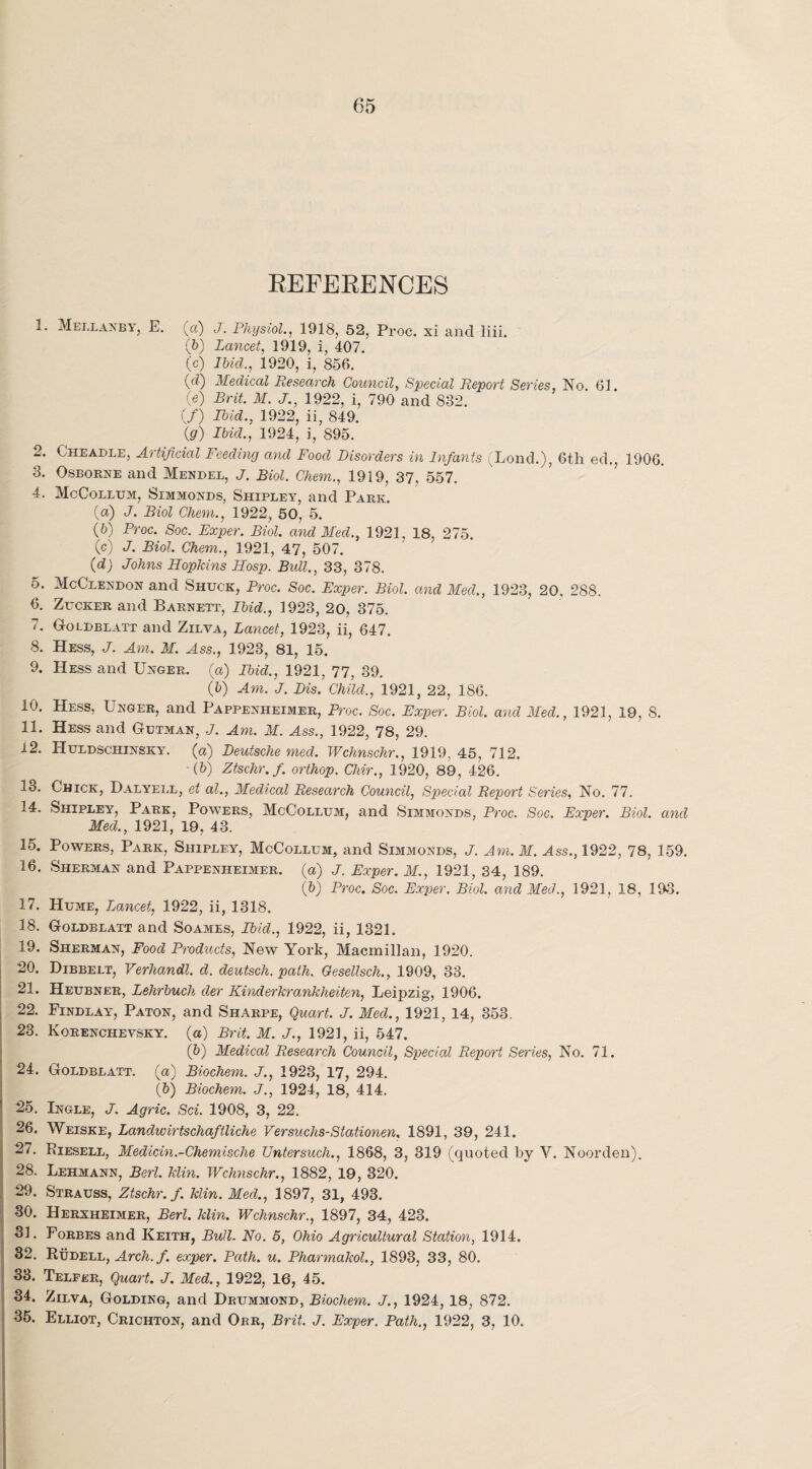 REFERENCES 1. M ell an by, E. (a) J. Physiol., 1918, 52, Proc. xi and liii. (b) Lancet, 1919, i, 407. (c) Ibid., 1920, i, 856. (d) Medical Research Council, Special Report Series, No. 61. (e) Brit. M. J., 1922, i, 790 and 832. (/) IU'd., 1922, ii, 849. (:g) IW&, 1924, i, 895. 2. Cheadle, Artificial Feeding and Food Disorders in Infants (Lond.), 6th ed., 1906. 3. Osborne and Mendel, J. Biol. Chem., 1919, 37, 557. 4. McCollum, Simmonds, Shipley, and Park. (а) J. Biol Chem., 1922, 50, 5. (б) Proc. Soc. Exper. Biol, and Meet., 1921. 18. 275 (c) J. Biol. Chem., 1921, 47, 507. (d) Johns Hopkins Hosp. Bull., 33, 378. 5. McClendon and Shuck, Proc. Soc. Exper. Biol, and Med., 1923, 20, 288. 6. Zucker and Barnett, Ibid., 1923, 20, 375. 7. Goldblatt and Zilva, Lancet, 1923, ii, 647. 8. Hess, J. Am. M. Ass., 1923, 81, 15. 9. Hess and Unger, (a) Ibid., 1921, 77, 39. (t) Am. J. Dis. Child., 1921, 22, 186. 10. Hess, Unger, and Pappenheimer, Proc. Soc. Exper. Biol, and Med., 1921, 19, 8. 11. Hess and Gutman, J. Am. M. Ass., 1922, 78, 29. 12. Huldschinsky. (a) Deutsche med. Wchnschr., 1919, 45, 712. -(b) Ztschr.fi. orthop. Chir., 1920, 89, 426. 13. Chick, Dalyell, et al., Medical Research Council, Special Report Series, No. 77. 14. Shipley, Park, Powers, McCollum, and Simmonds, Proc. Soc. Exper. Biol, and Med., 1921, 19, 43. 15. Powers, Park, Shipley, McCollum, and Simmonds, J. Am. M. Ass., 1922, 78, 159. 16. Sherman and Pappenheimer. (a) J. Exper. M., 1921, 34, 189. (b) Proc. Soc. Exper. Biol, and Med., 1921, 18, 193. 17. Hume, Lancet, 1922, ii, 1318. 18. Goldblatt and Soames, Ibid., 1922, ii, 1321. 19. Sherman, Food Products, New York, Macmillan, 1920. 20. Dibbelt, Verhandl. cl. deutsch. path. Gesellsch., 1909, 33. 21. Heubner, Lehrbuch cler Kinderkrankheiten, Leipzig, 1906. 22. Findlay, Paton, and Sharpe, Quart. J. Mecl., 1921, 14, 353. 23. Korenchevsky. (a) Brit. M. J., 1921, ii, 547. (p) Medical Research Council, Special Report Series, No. 71. 24. Goldblatt. (a) Biochem. J., 1923, 17, 294. (5) Biochem. J., 1924, 18, 414. 25. Ingle, J. Agric. Sci. 1908, 3, 22. 26. Weiske, Landwirtschafitliche Versucks-Stationen. 1891, 39, 241. 27. Riesell, Medicin.-Chemische Untersuch., 1868, 3, 319 (quoted by V. Noorden). 28. Lehmann, Berl. klin. Wchnschr., 1882, 19, 320. 29. Strauss, Ztschr.fi. klin. Meet., 1897, 31, 498. 30. Herxheimer, Berl. klin. Wchnschr., 1897, 34, 423. 31. Forbes and Keith, Bull. No. 5, Ohio Agricultural Station, 1914. 32. Rudell, Arch. fi. exper. Path. u. Pharmakol., 1893, 33, 80. 33. Telfer, Quart. J. Med., 1922, 16, 45. 34. Zilva, Golding, and Drummond, Biochem. J., 1924, 18, 872. 35. Elliot, Crichton, and Orr, Brit. J. Exper. Path., 1922, 3, 10.