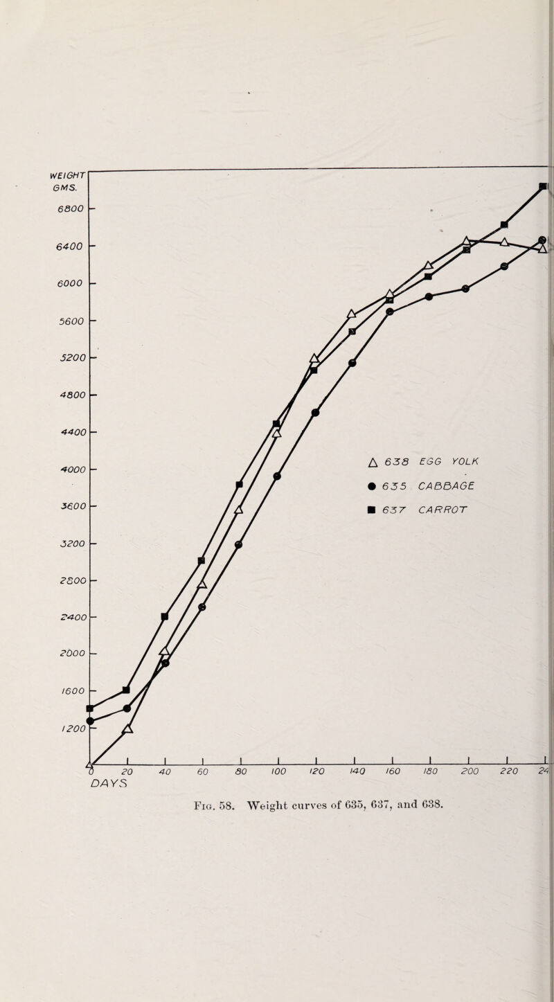 6800 6400 6000 5600 5200 4800 4400 4000 3600 3200 2800 2400 2000 1600 1200 A 635 EGG YOLK • 655 CABBAGE U 63T CARROT Fig. 58. Weight curves of 635, 637, and 638. 5 20 DAYS