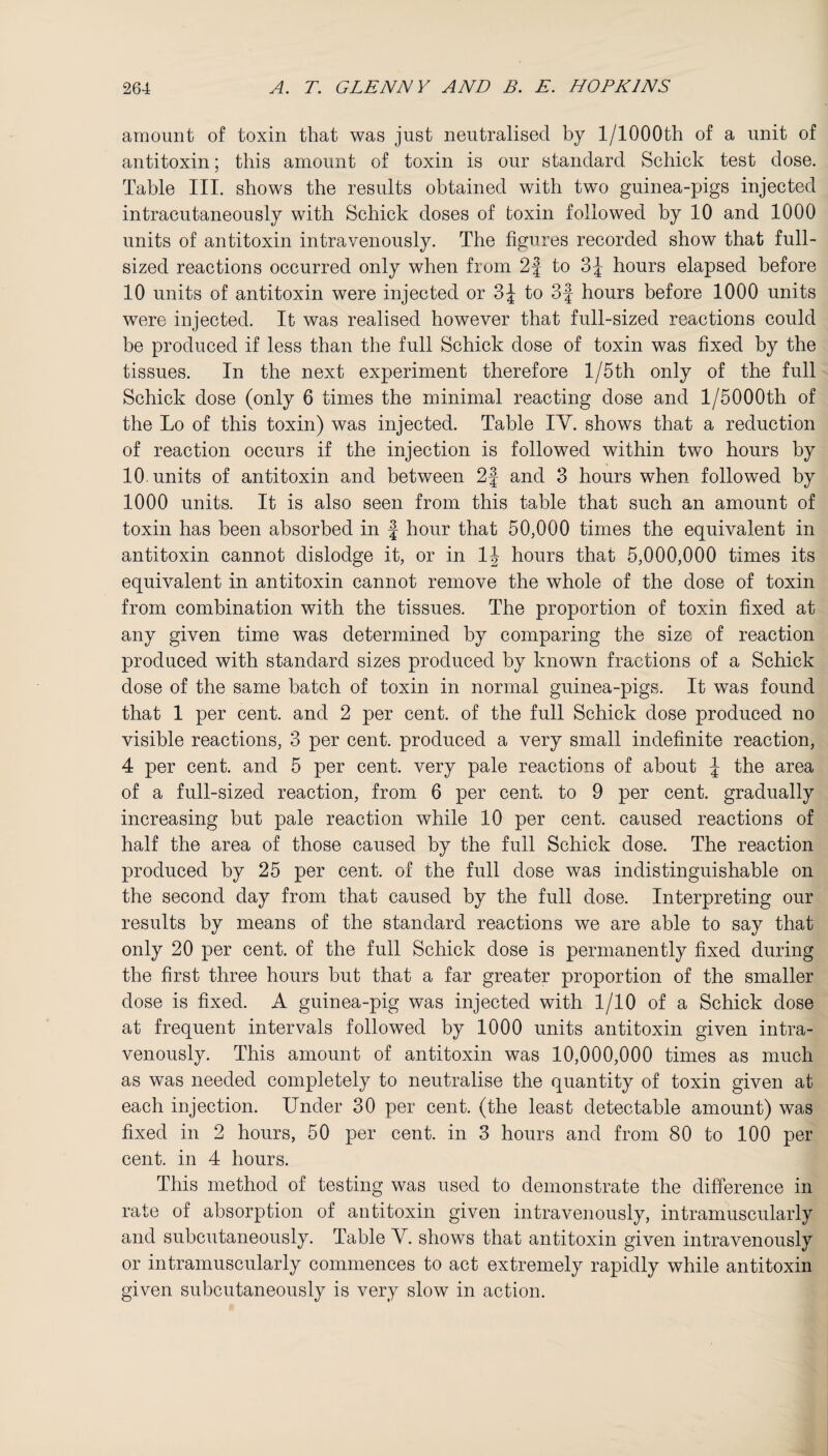 amount of toxin that was just neutralised by 1/1000th of a unit of antitoxin; this amount of toxin is our standard Schick test dose. Table III. shows the results obtained with two guinea-pigs injected intracutaneously with Schick doses of toxin followed by 10 and 1000 units of antitoxin intravenously. The figures recorded show that full- sized reactions occurred only when from 2j to 3J hours elapsed before 10 units of antitoxin were injected or 3^ to 3f hours before 1000 units were injected. It was realised however that full-sized reactions could be produced if less than the full Schick dose of toxin was fixed by the tissues. In the next experiment therefore 1/5th only of the full Schick dose (only 6 times the minimal reacting dose and 1/5000th of the Lo of this toxin) was injected. Table IV. shows that a reduction of reaction occurs if the injection is followed within two hours by 10 units of antitoxin and between 2} and 3 hours when followed by 1000 units. It is also seen from this table that such an amount of toxin has been absorbed in f hour that 50,000 times the equivalent in antitoxin cannot dislodge it, or in 1J hours that 5,000,000 times its equivalent in antitoxin cannot remove the whole of the dose of toxin from combination with the tissues. The proportion of toxin fixed at any given time was determined by comparing the size of reaction produced with standard sizes produced by known fractions of a Schick dose of the same hatch of toxin in normal guinea-pigs. It was found that 1 per cent, and 2 per cent, of the full Schick dose produced no visible reactions, 3 per cent, produced a very small indefinite reaction, 4 per cent, and 5 per cent, very pale reactions of about J the area of a full-sized reaction, from 6 per cent, to 9 per cent, gradually increasing but pale reaction while 10 per cent, caused reactions of half the area of those caused by the full Schick dose. The reaction produced by 25 per cent, of the full dose was indistinguishable on the second day from that caused by the full dose. Interpreting our results by means of the standard reactions we are able to say that only 20 per cent, of the full Schick dose is permanently fixed during the first three hours but that a far greater proportion of the smaller dose is fixed. A guinea-pig was injected with 1/10 of a Schick dose at frequent intervals followed by 1000 units antitoxin given intra¬ venously. This amount of antitoxin was 10,000,000 times as much as was needed completely to neutralise the quantity of toxin given at each injection. Under 30 per cent, (the least detectable amount) was fixed in 2 hours, 50 per cent, in 3 hours and from 80 to 100 per cent, in 4 hours. This method of testing was used to demonstrate the difference in rate of absorption of antitoxin given intravenously, intramuscularly and subcutaneously. Table V. shows that antitoxin given intravenously or intramuscularly commences to act extremely rapidly while antitoxin given subcutaneously is very slow in action.