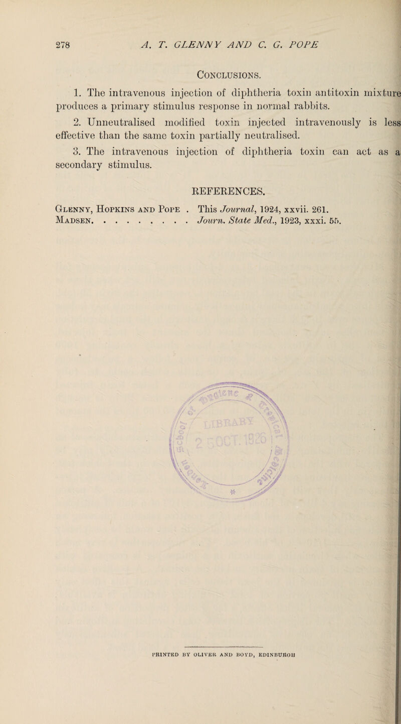 Conclusions, 1. The intravenous injection of diphtheria toxin antitoxin mixture produces a primary stimulus response in normal rabbits. 2. Unneutralised modified toxin injected intravenously is less effective than the same toxin partially neutralised. 3. The intravenous injection of diphtheria toxin can act as a secondary stimulus. REFERENCES. Glenn y, Hopkins and Pope . This Journal, 1924, xxvii. 261. Madsen.Journ. State Med., 1923, xxxi. 55. PRINTED BY OLIVER AND BOVD, EDINBURGH