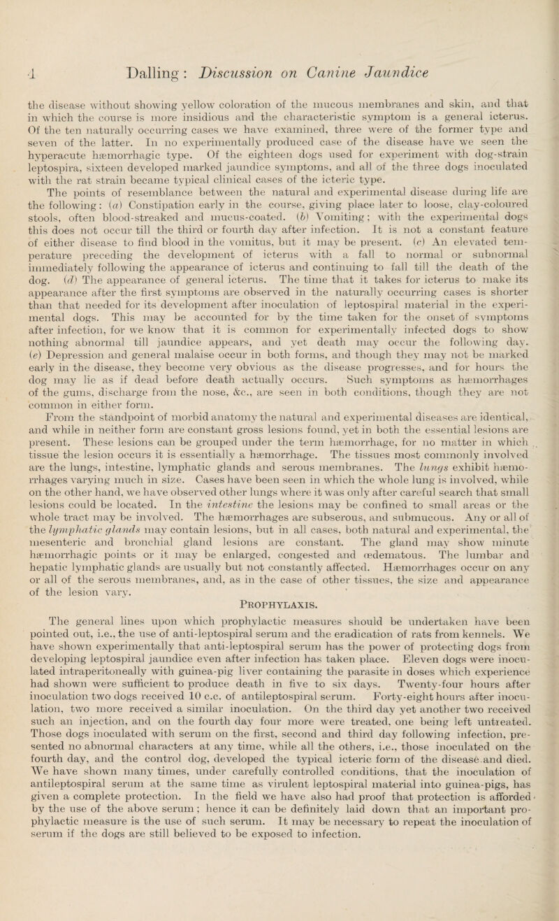 tlie disease without showing yellow coloration of the mucous membranes and skin, and that in which the course is more insidious and the characteristic symptom is a general icterus. Of the ten naturally occurring cases we have examined, three were of the former type and seven of the latter. In no experimentally produced case of the disease have we seen the hyperacute haemorrhagic type. Of the eighteen dogs used for experiment with dog-strain leptospira, sixteen developed marked jaundice symptoms, and all oi the three dogs inoculated with the rat strain became typical clinical cases of the icteric type. The points of resemblance between the natural and experimental disease during life are the following: {a) Constipation early in the course, giving place later to loose, clay-coloured stools, often blood-streaked and mucus-coated. (b) Vomiting ; with the experimental dogs this does not occur till the third or fourth day after infection. It is not a constant feature of either disease to find blood in the vomitus, but it may be present, (c) An elevated tem¬ perature preceding the development of icterus with a fall to normal or subnormal immediately following the appearance of icterus and continuing to fall till the death of the dog. id) The appearance of general icterus. The time that it takes for icterus to make its appearance after the first symptoms are observed in the naturally occurring cases is shorter than that needed for its development after inoculation of leptospiral material in the experi¬ mental dogs. This may be accounted for by the time taken for the onset of symptoms after infection, for we know that it is common for experimentally infected dogs to show nothing abnormal till jaundice appears, and yet death may occur the following day. (e) Depression and general malaise occur in both forms, and though they may not be marked early in the disease, they become very obvious as the disease progresses, and for hours the dog may lie as if dead before death actually occurs. Such symptoms as haemorrhages of the gums, discharge from the nose, &c., are seen in both conditions, though they are not common in either form. From the standpoint of morbid anatomy the natural and experimental diseases are identical, and while in neither form are constant gross lesions found, yet in both the essential lesions are present. These lesions can be grouped under the term haemorrhage, for no matter in which tissue the lesion occurs it is essentially a haemorrhage. The tissues most commonly involved are the lungs, intestine, lymphatic glands and serous membranes. The lungs exhibit haemo¬ rrhages varying much in size. Cases have been seen in which the whole lung is involved, while on the other hand, we have observed other lungs where it was only after careful search that small lesions could be located. In the intestine the lesions may be confined to small areas or the whole tract may be involved. The haemorrhages are subserous, and submucous. Any or all of the lymphatic glands may contain lesions, but in all cases, both natural and experimental, the mesenteric and bronchial gland lesions are constant. The gland may show minute haemorrhagic points or it may be enlarged, congested and oedematous. The lumbar and hepatic lymphatic glands are usually but not constantly affected. Haemorrhages occur on any or all of the serous membranes, and, as in the case of other tissues, the size and appearance of the lesion vary. Prophylaxis. The general lines upon which prophylactic measures should be undertaken have been pointed out, i.e., the use of anti-leptospiral serum and the eradication of rats from kennels. We have shown experimentally that anti-leptospiral serum has the power of protecting dogs from developing leptospiral jaundice even after infection has taken place. Eleven dogs were inocu¬ lated intraperitoneally with guinea-pig liver containing the parasite in doses which experience had shown were sufficient to produce death in five to six days. Twenty-four hours after inoculation two dogs received 10 c.c. of antileptospiral serum. Forty-eight hours after inocu¬ lation, two more received a similar inoculation. On the third day yet another two received such an injection, and on the fourth day four more were treated, one being left untreated. Those dogs inoculated with serum on the first, second and third day following infection, pre¬ sented no abnormal characters at any time, while all the others, i.e., those inoculated on the fourth day, and the control dog, developed the typical icteric form of the disease.and died. We have shown many times, under carefully controlled conditions, that the inoculation of antileptospiral serum at the same time as virulent leptospiral material into guinea-pigs, has given a complete protection. In the field we have also had proof that protection is afforded by the use of the above serum; hence it can be definitely laid down that an important pro¬ phylactic measure is the use of such serum. It may be necessary to repeat the inoculation of serum if the dogs are still believed to be exposed to infection.