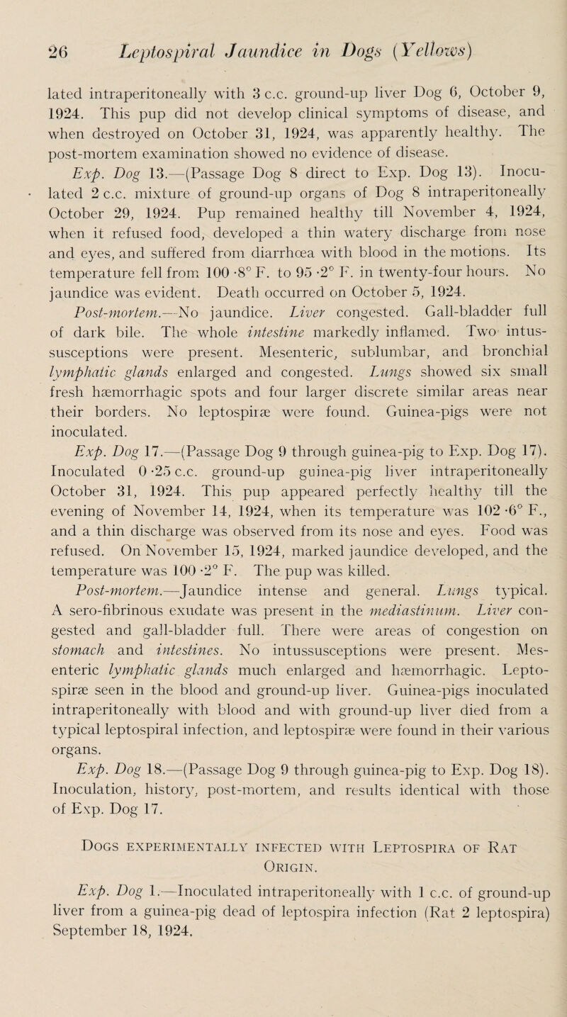 lated intraperitoneally with 3 c.c. ground-up liver Dog 6, October 9, 1924. This pup did not develop clinical symptoms of disease, and when destroyed on October 31, 1924, was apparently healthy. The post-mortem examination showed no evidence of disease. Exp. Dog 13.—(Passage Dog 8 direct to Exp. Dog 13). Inocu¬ lated 2 c.c. mixture of ground-up organs of Dog 8 intraperitoneally October 29, 1924. Pup remained healthy till November 4, 1924, when it refused food, developed a thin watery discharge from nose and eyes, and suffered from diarrhoea with blood in the motions. Its temperature fell from 100 *8° F. to 95 -2° F. in twenty-four hours. No jaundice was evident. Death occurred on October 5, 1924. Post-mortem.—No jaundice. Liver congested. Gall-bladder full of dark bile. The whole intestine markedly inflamed. Two intus¬ susceptions were present. Mesenteric, sublumbar, and bronchial lymphatic glands enlarged and congested. Lungs showed six small fresh haemorrhagic spots and four larger discrete similar areas near their borders. No leptospirae were found. Guinea-pigs were not inoculated. Exp. Dog 17.—(Passage Dog 9 through guinea-pig to Exp. Dog 17). Inoculated 0 -25 c.c. ground-up guinea-pig liver intraperitoneally October 31, 1924. This pup appeared perfectly healthy till the evening of November 14, 1924, when its temperature was 102 -6° F., and a thin discharge was observed from its nose and eyes. Food was refused. On November 15, 1924, marked jaundice developed, and the temperature was 100 -2° F. The pup was killed. Post-mortem.—Jaundice intense and general. Lungs typical. A sero-fibrinous exudate was present in the mediastinum. Liver con¬ gested and gall-bladder full. There were areas of congestion on stomach and intestines. No intussusceptions were present. Mes¬ enteric lymphatic glands much enlarged and haemorrhagic. Lepto¬ spirae seen in the blood and ground-up liver. Guinea-pigs inoculated intraperitoneally with blood and with ground-up liver died from a typical leptospiral infection, and leptospirae were found in their various organs. Exp. Dog 18.—(Passage Dog 9 through guinea-pig to Exp. Dog 18). Inoculation, history, post-mortem, and results identical with those of Exp. Dog 17. Dogs experimentally infected with Leptospira of Rat Origin. Exp. Dog 1.—Inoculated intraperitoneally with 1 c.c. of ground-up liver from a guinea-pig dead of leptospira infection (Rat 2 leptospira) September 18, 1924.