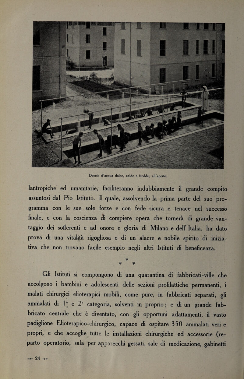 Doccie d’acqua dolce, calde e fredde, all’aperto. lantropiche ed umanitarie, faciliteranno indubbiamente il grande compito assuntosi dal Pio Istituto. Il quale, assolvendo la prima parte del suo pro¬ gramma con le sue sole forze e con fede sicura e tenace nel successo finale, e con la coscienza di compiere opera che tornerà di grande van¬ taggio dei sofferenti e ad onore e gloria di Milano e dell’ Italia, ha dato prova di una vitalità rigogliosa e di un alacre e nobile spirito di inizia¬ tiva che non trovano facile esempio negli altri Istituti di beneficenza. * * * Gli Istituti si compongono di una quarantina di fabbricati-ville che accolgono i bambini e adolescenti delle sezioni profilattiche permanenti, i malati chirurgici elioterapici mobili, come pure, in fabbricati separati, gli ammalati di 1a e 2a categoria, solventi in proprio ; e di un grande fab¬ bricato centrale che è diventato, con gli opportuni adattamenti, il vasto padiglione Elioterapico-chirurgico, capace di ospitare 350 ammalati veri e propri, e che accoglie tutte le installazioni chirurgiche ed accessorie (re¬ parto operatorio, sala per apparecchi gessati, sale di medicazione, gabinetti