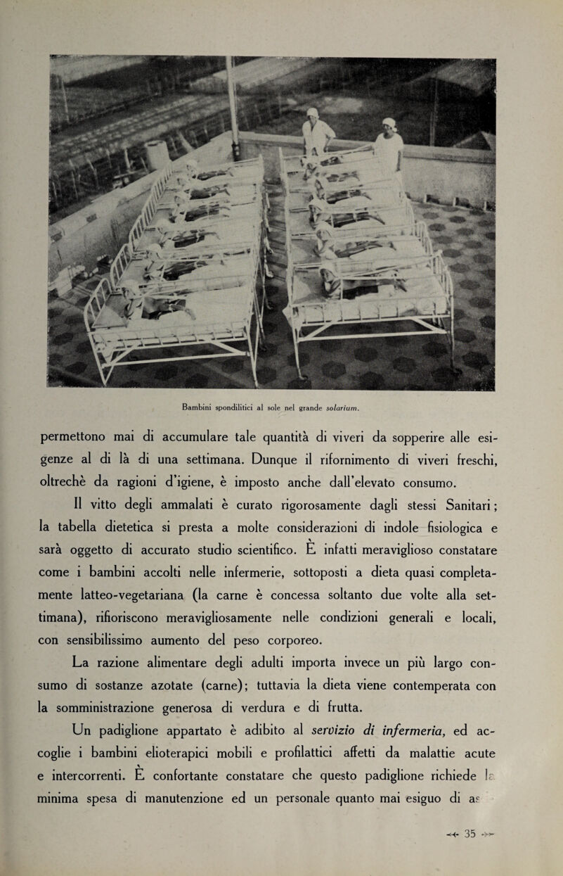 Bambini spondilitici al sole nel grande solarium. permettono mai di accumulare tale quantità di viveri da sopperire alle esi¬ genze al di là di una settimana. Dunque il rifornimento di viveri freschi, oltreché da ragioni d’igiene, è imposto anche dall’elevato consumo. 11 vitto degli ammalati è curato rigorosamente dagli stessi Sanitari ; la tabella dietetica si presta a molte considerazioni di indole fisiologica e sarà oggetto di accurato studio scientifico. E infatti meraviglioso constatare come i bambini accolti nelle infermerie, sottoposti a dieta quasi compieta- mente latteo-vegetariana (la carne è concessa soltanto due volte alla set¬ timana), rifioriscono meravigliosamente nelle condizioni generali e locali, con sensibilissimo aumento del peso corporeo. La razione alimentare degli adulti importa invece un più largo con¬ sumo di sostanze azotate (carne); tuttavia la dieta viene contemperata con la somministrazione generosa di verdura e di frutta. Un padiglione appartato è adibito al servizio di infermeria, ed ac¬ coglie i bambini elioterapici mobili e profilattici affetti da malattie acute e intercorrenti. È confortante constatare che questo padiglione richiede la minima spesa di manutenzione ed un personale quanto mai esiguo di as