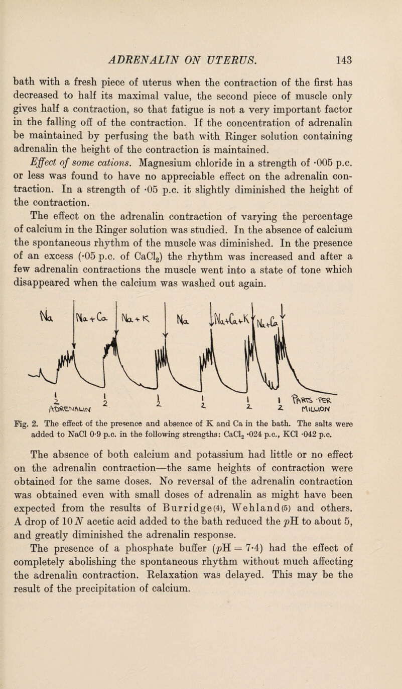 bath with a fresh piece of uterus when the contraction of the first has decreased to half its maximal value, the second piece of muscle only gives half a contraction, so that fatigue is not a very important factor in the falling off of the contraction. If the concentration of adrenalin be maintained by perfusing the bath with Einger solution containing adrenalin the height of the contraction is maintained. Effect of some cations. Magnesium chloride in a strength of *005 p.c. or less was found to have no appreciable effect on the adrenalin con¬ traction. In a strength of -05 p.c. it slightly diminished the height of the contraction. The effect on the adrenalin contraction of varying the percentage of calcium in the Einger solution was studied. In the absence of calcium the spontaneous rhythm of the muscle was diminished. In the presence of an excess (-05 p.c. of CaCl2) the rhythm was increased and after a few adrenalin contractions the muscle went into a state of tone which disappeared when the calcium was washed out again. Fig. 2. The effect of the presence and absence of K and Ca in the bath. The salts were added to NaCl 0*9 p.c. in the following strengths: CaCl2 *024 p.c., KC1 -042 p.c. The absence of both calcium and potassium had little or no effect on the adrenalin contraction—the same heights of contraction were obtained for the same doses. No reversal of the adrenalin contraction was obtained even with small doses of adrenalin as might have been expected from the results of Burridge(4), Wehland(5) and others. A drop of 10 N acetic acid added to the bath reduced the jAA to about 5, and greatly diminished the adrenalin response. The presence of a phosphate buffer (plA = 7*4) had the effect of completely abolishing the spontaneous rhythm without much affecting the adrenalin contraction. Eelaxation was delayed. This may be the result of the precipitation of calcium.